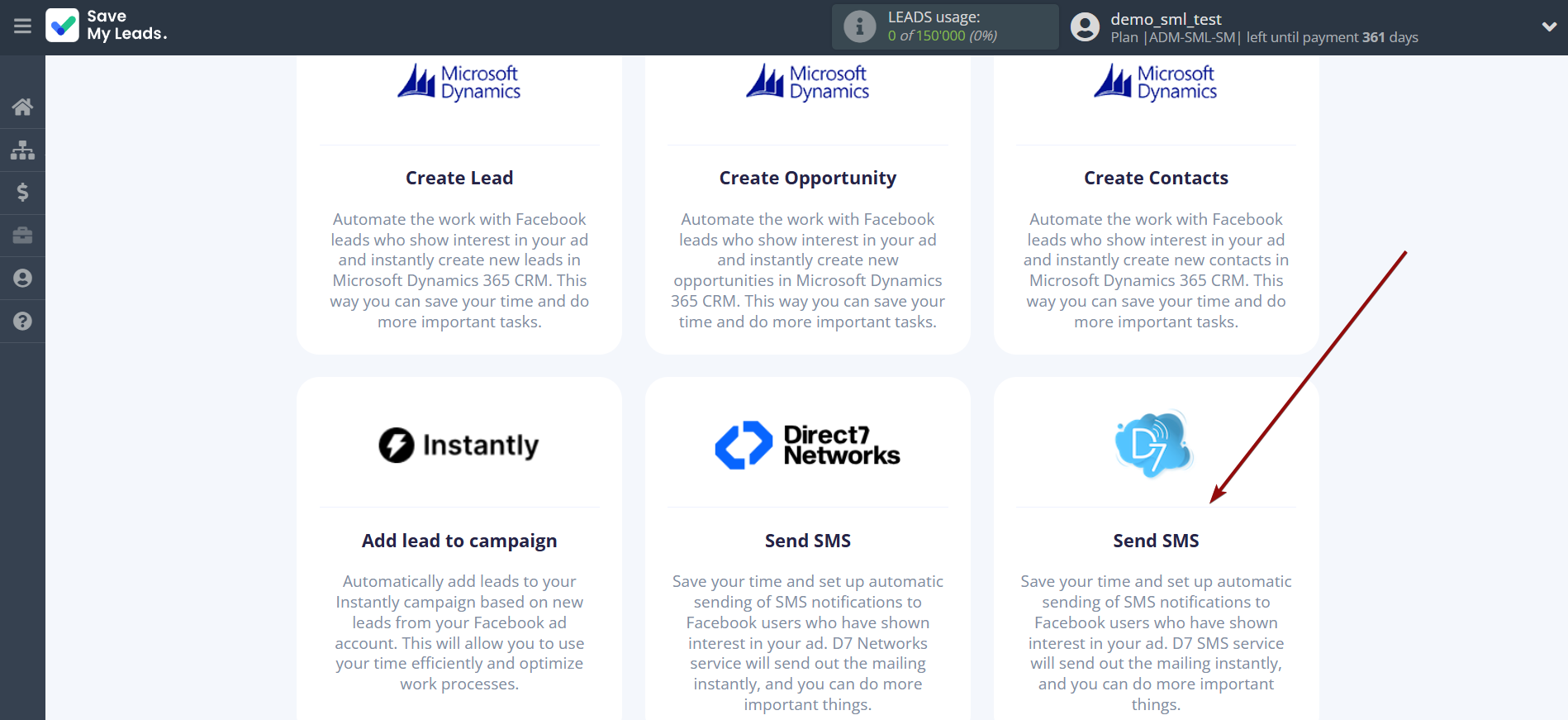 How to Connect Facebook with D7 SMS | Data Destination system selection