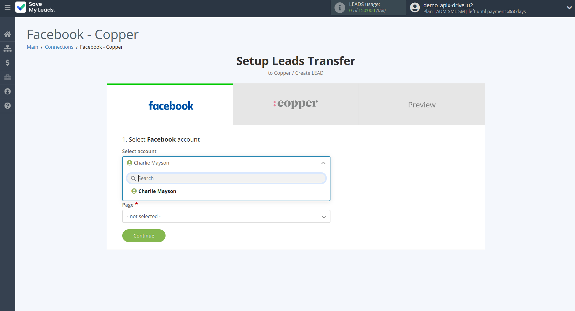 How to Connect Facebook with Copper Create Lead | Data Source account selection