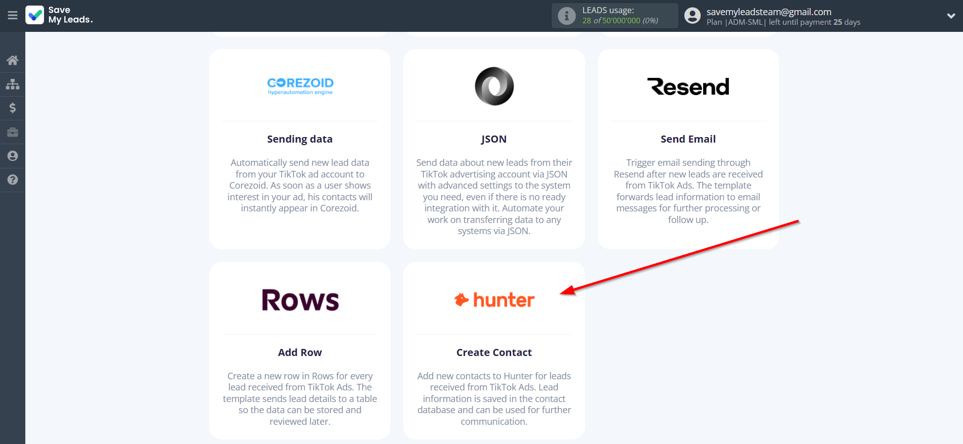 How to Connect TikTok with Hunter.io Create Contact | Data Destination system selection