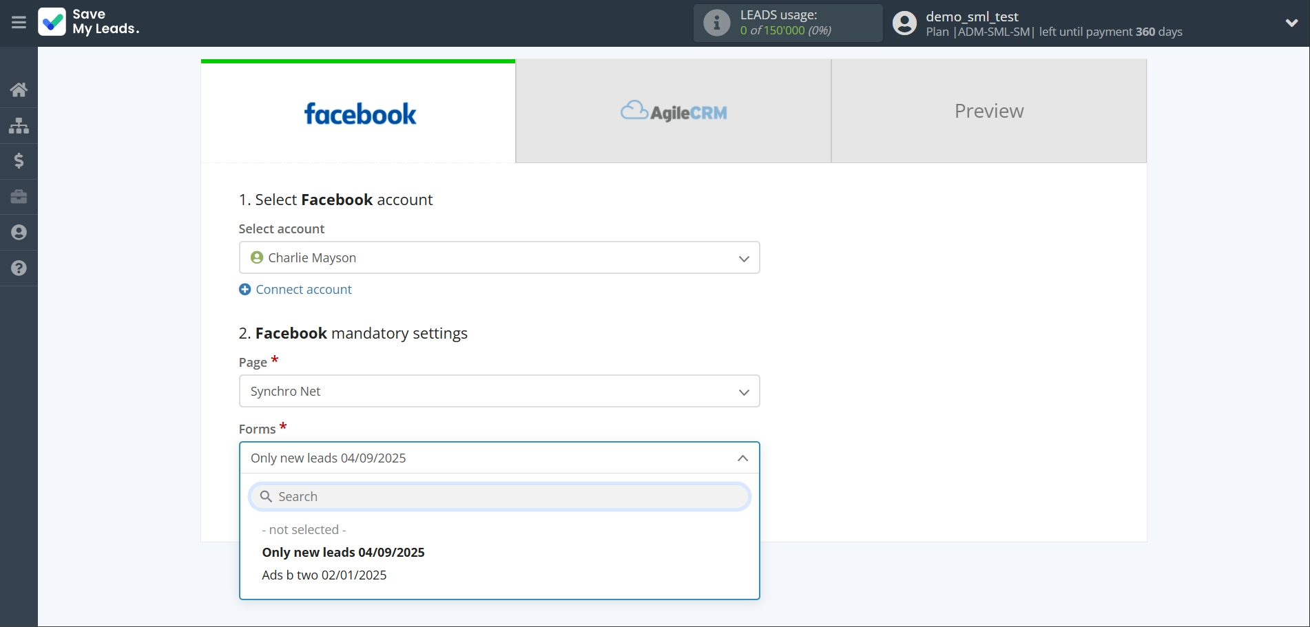 How to Connect Facebook with AgileCRM Create Contacts | Data Source account connection