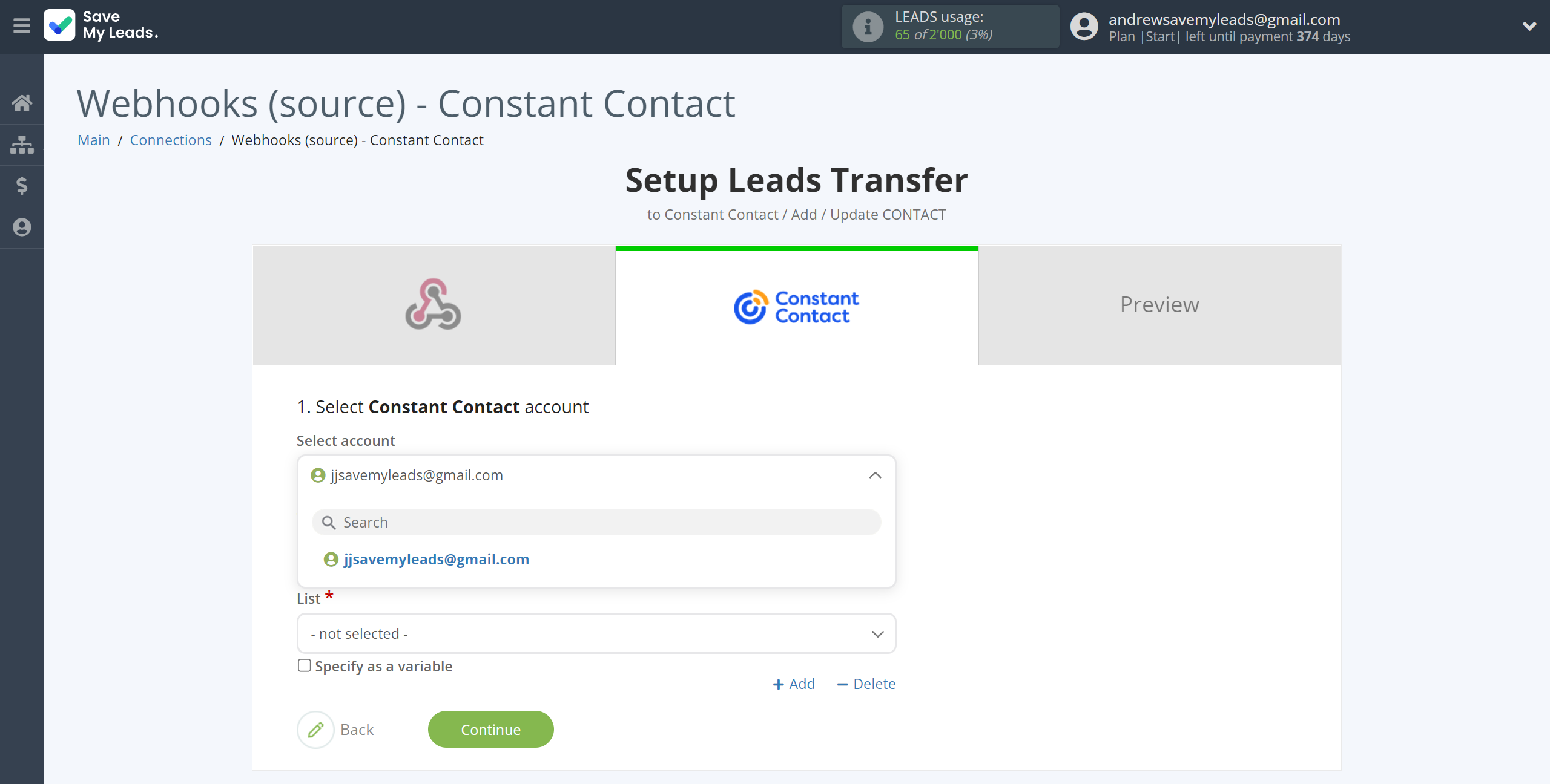 How to Connect Webhooks with Constant Contact | Data Destination account selection