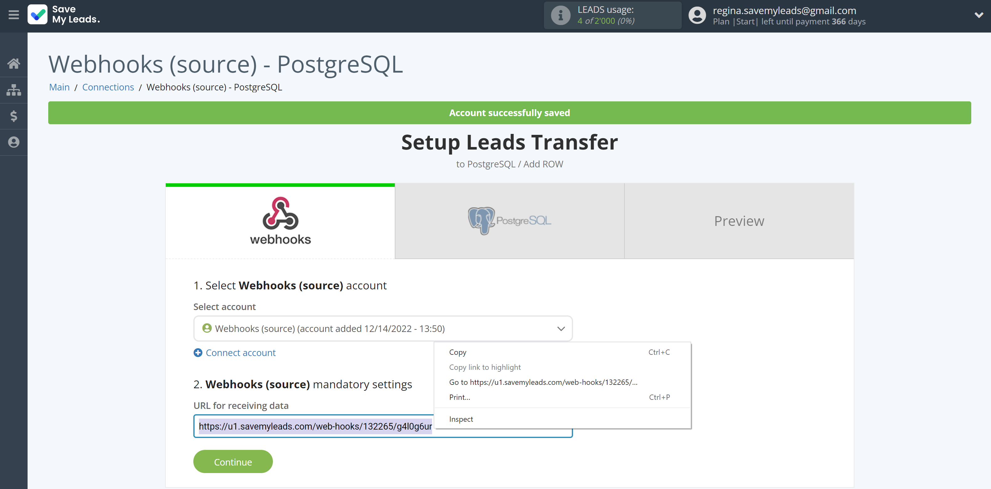 How to Connect Webhooks with PostgreSQL | Data Source account connection