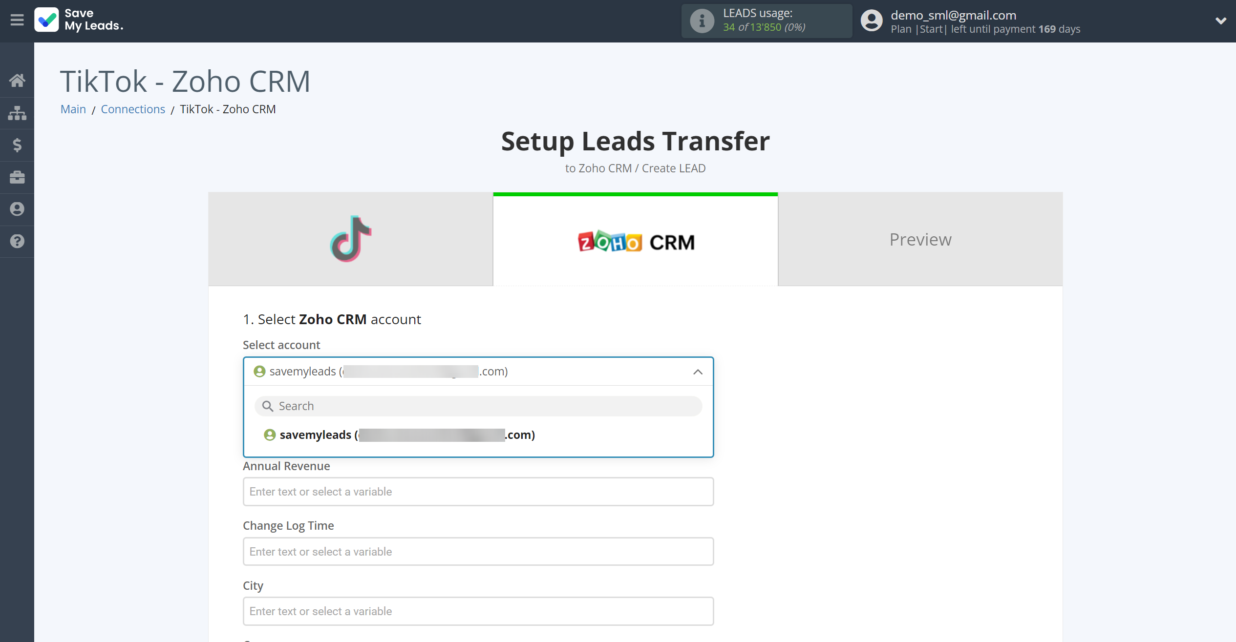 How to Connect TikTok with Zoho CRM Create Leads | Data Destination account selection