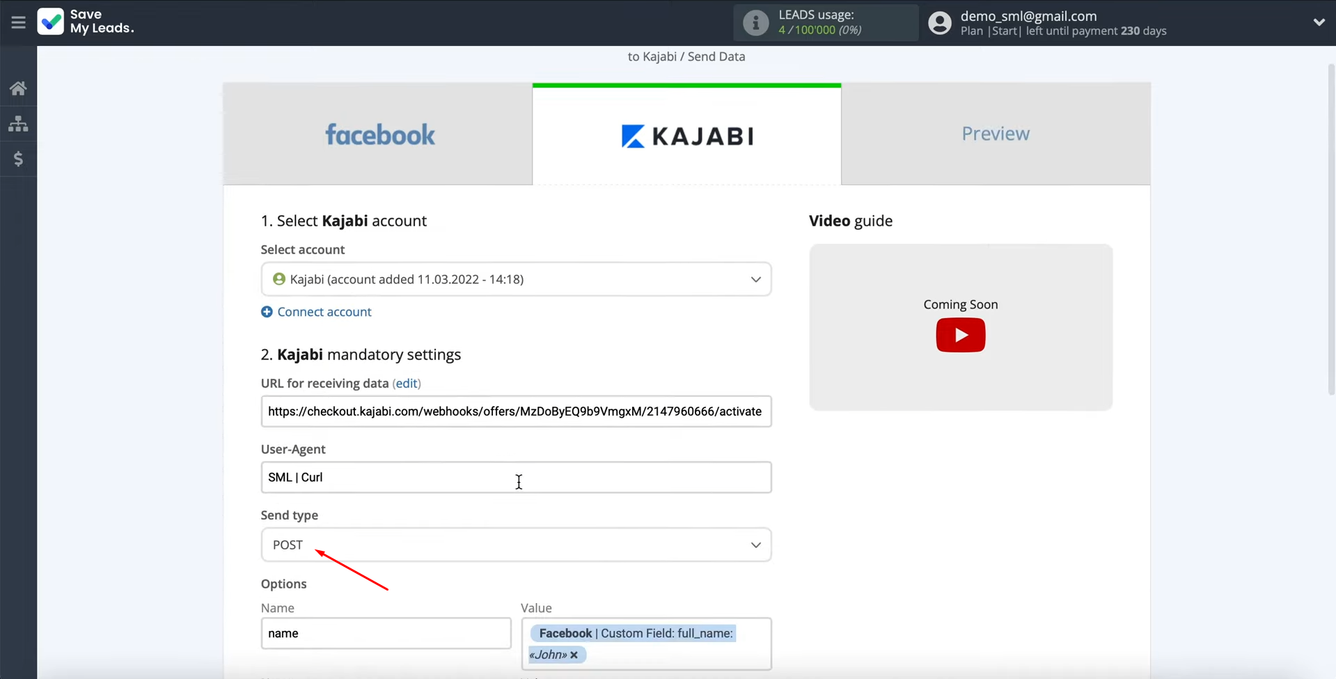 Facebook Leads Ads and Kajabi integration | Select the type of data to send