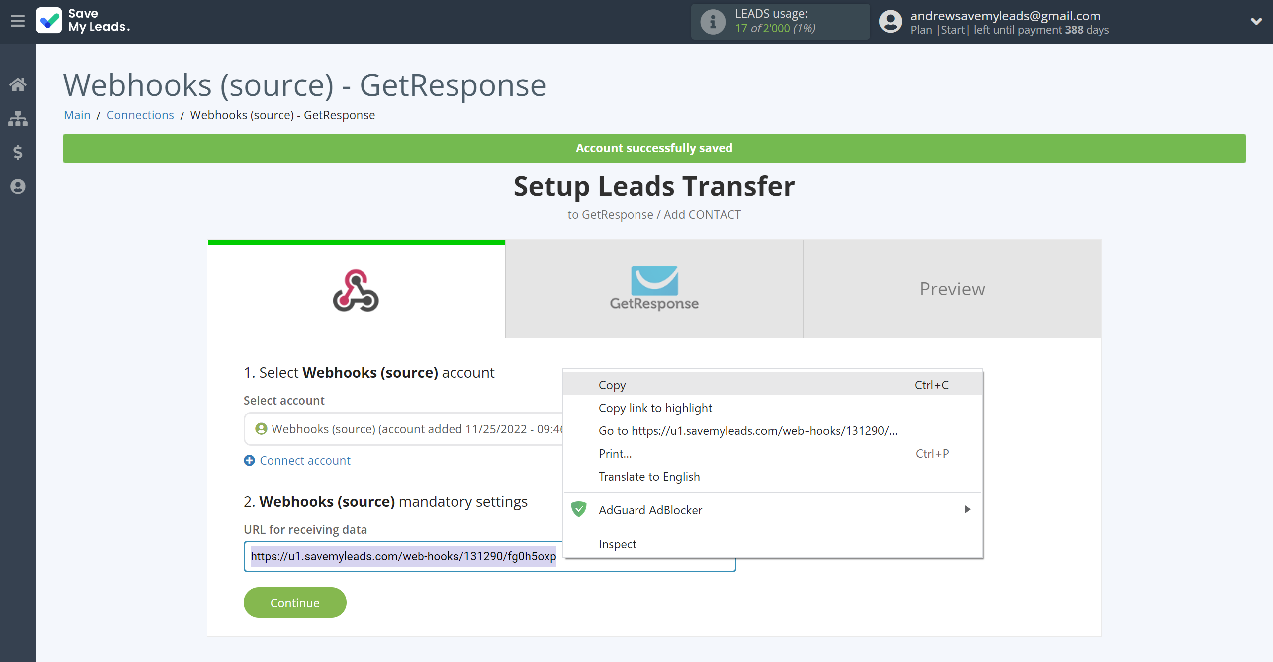 How to Connect Webhooks with GetResponse | Data Source account connection