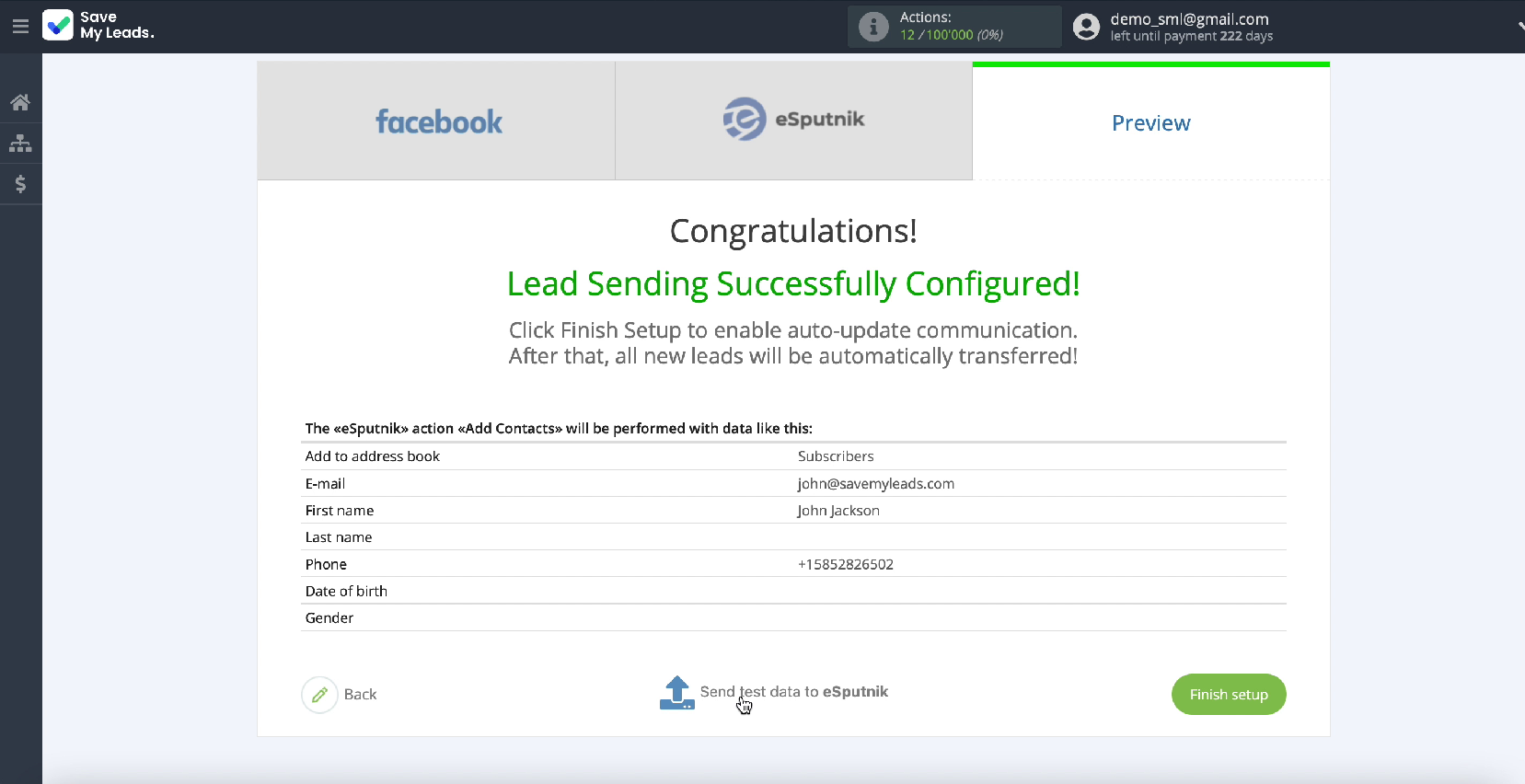 How to Send E-Mail via eSputnik from New Facebook Leads | Send test data