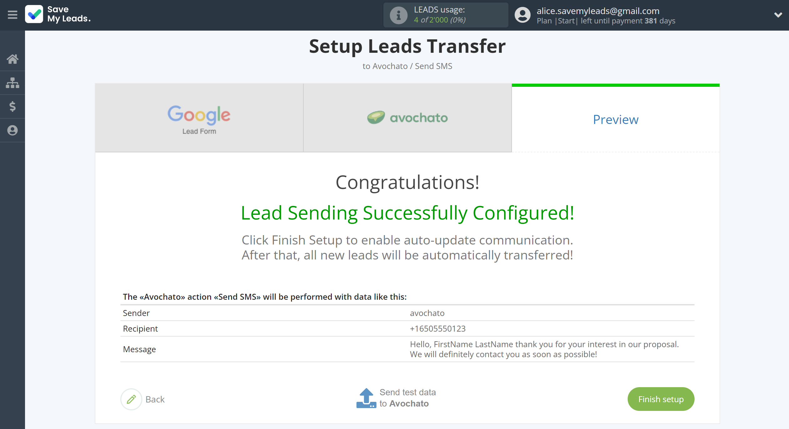 How to Connect Google Lead Form with Avochato | Test data