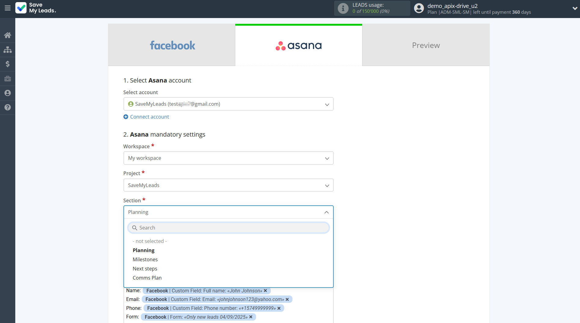 How to Connect Facebook with Asana | Assigning fields