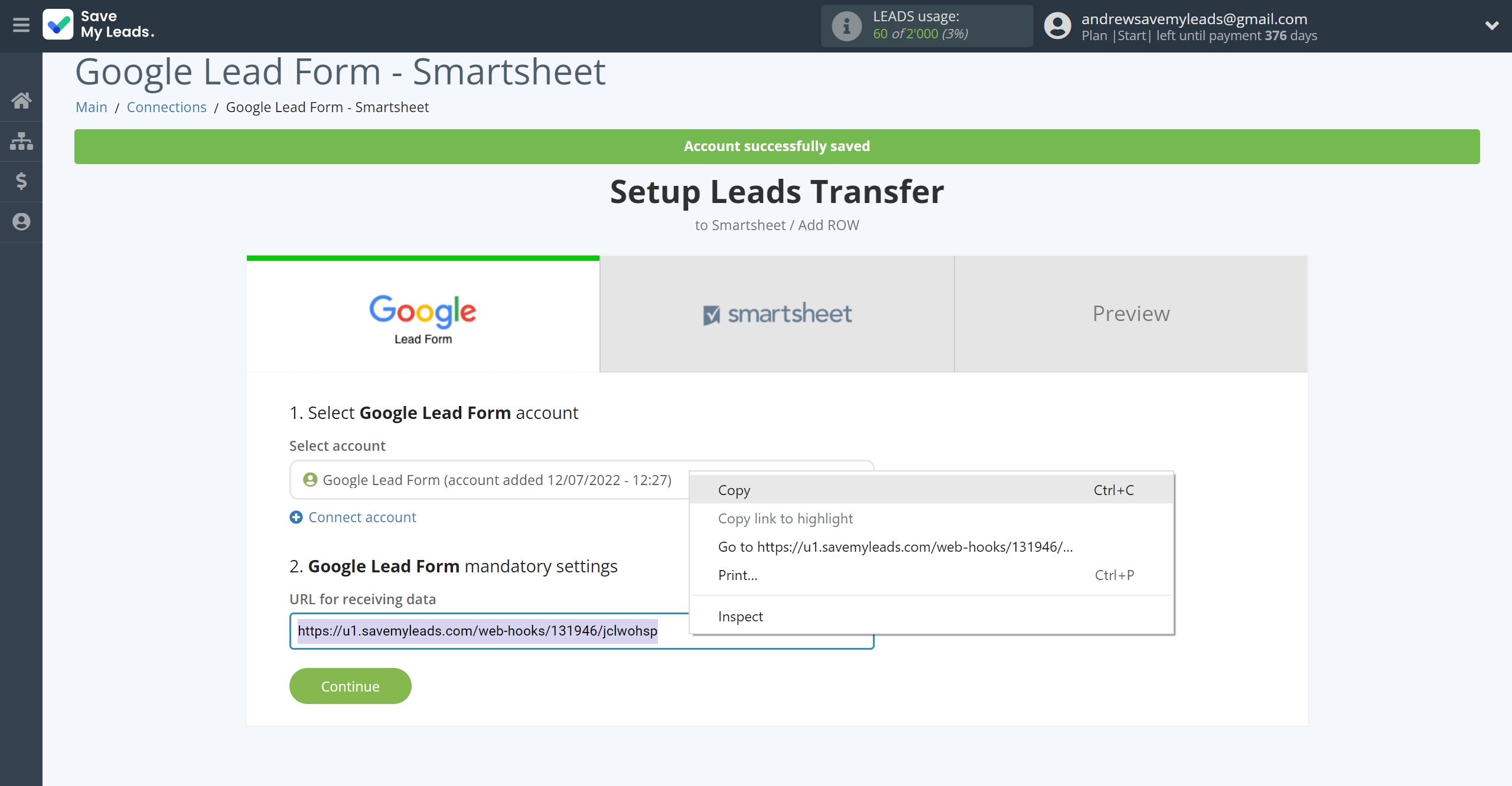 How to Connect Google Lead Form with Smartsheet | Data Source account connection