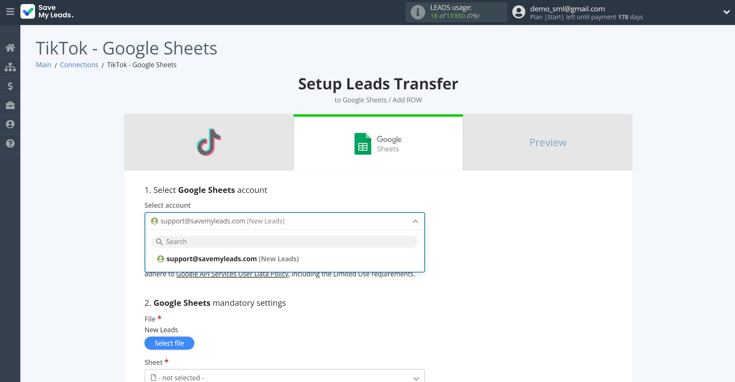 How to Connect TikTok with Google Sheets | Data Destination account selection