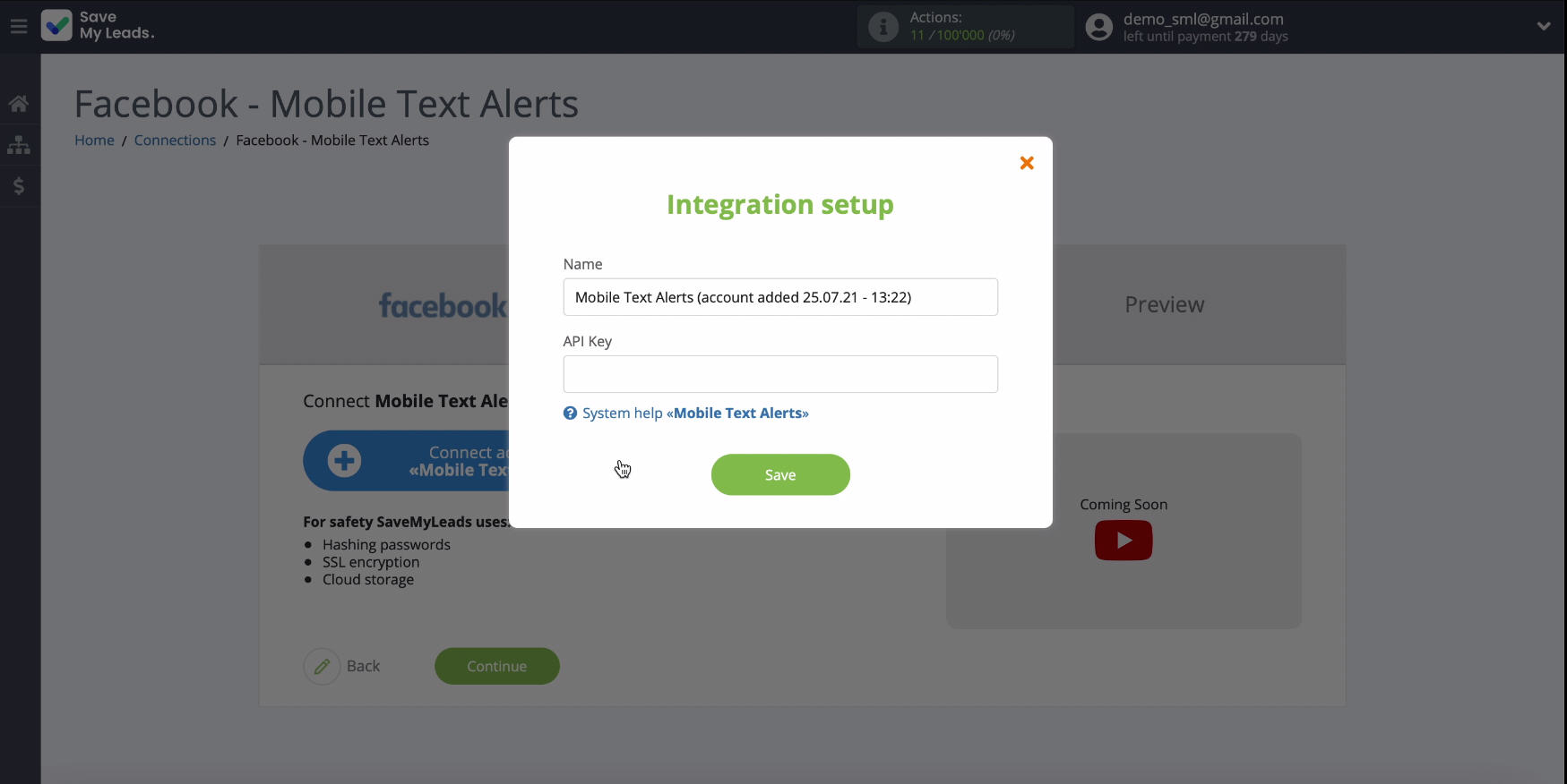 Facebook and Mobile Text Alerts integration | Connection window