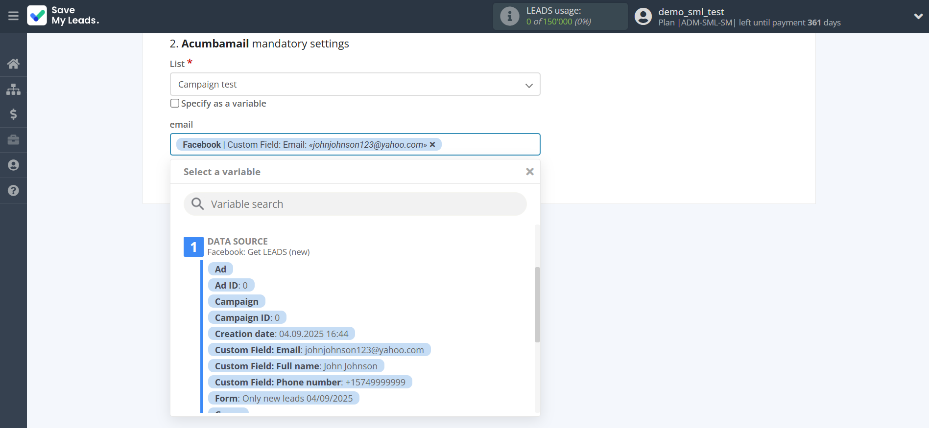 How to Connect Facebook with Acumbamail Add Subscribers | Assigning fields
