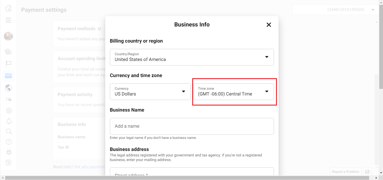 Facebook Ads Manager basic settings | Time zone