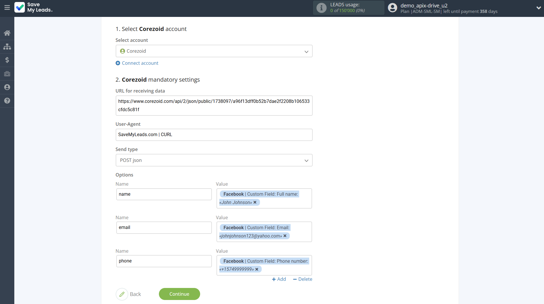 How to Connect Facebook with Corezoid | Assigning fields
