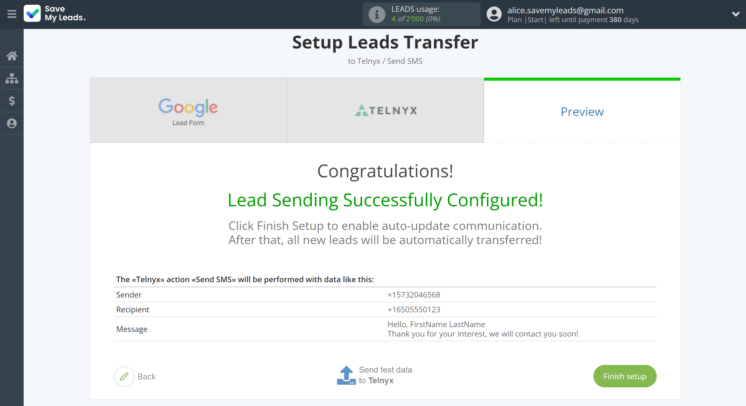 How to Connect Google Lead Form with Telnyx | Test data