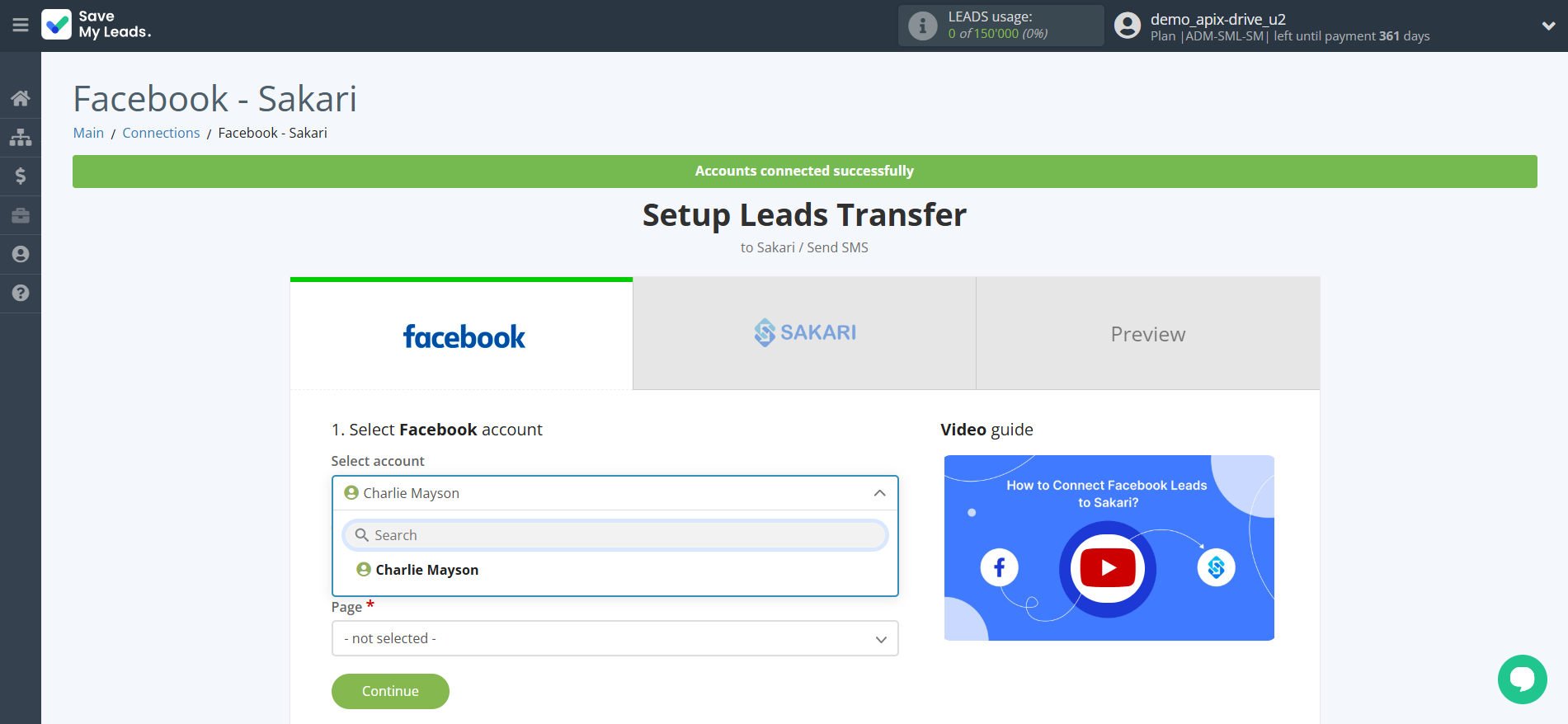 How to Connect Facebook with Sakari | Data Source account selection