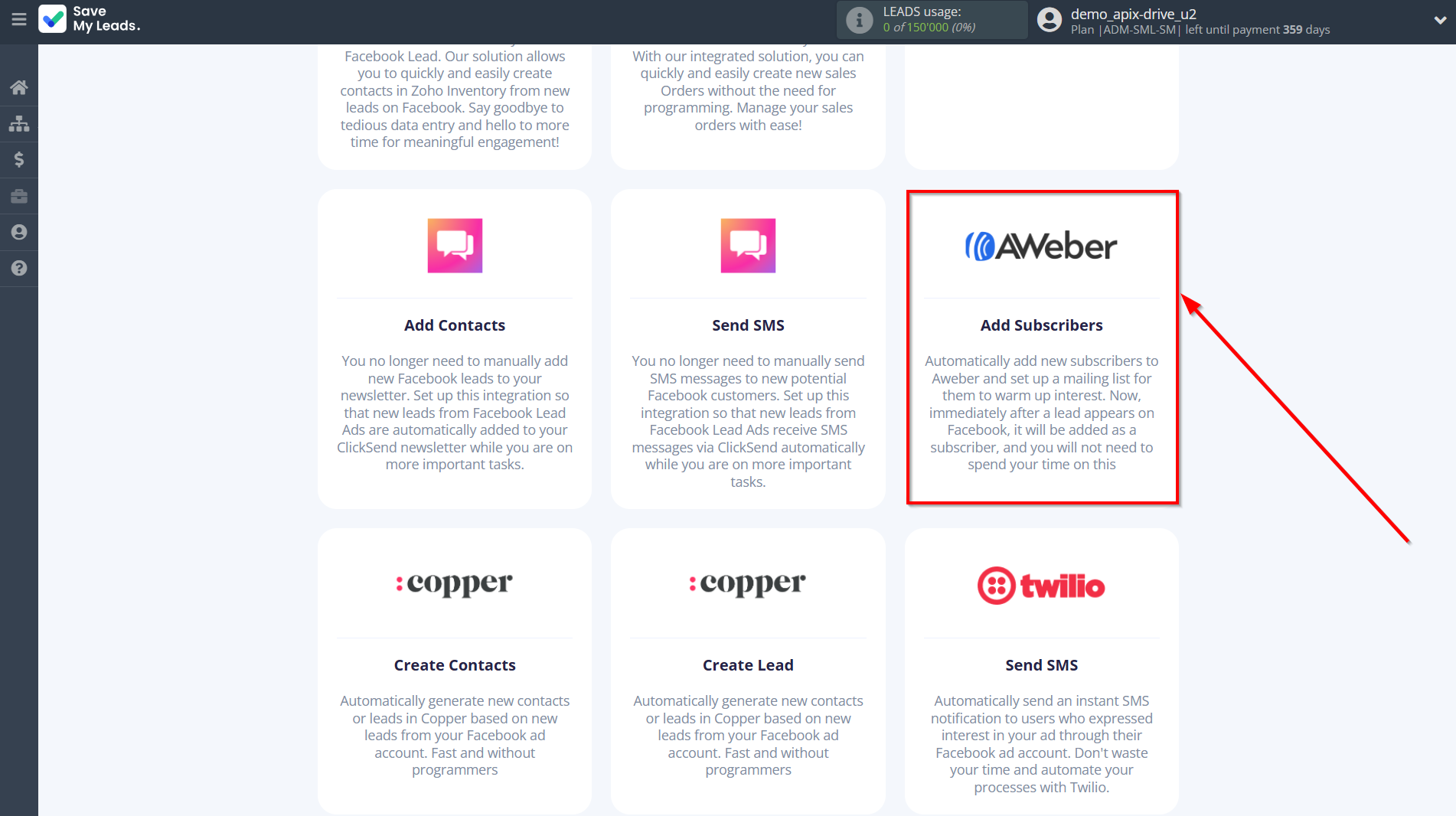 How to Connect Facebook with AWeber | Data Destination system selection