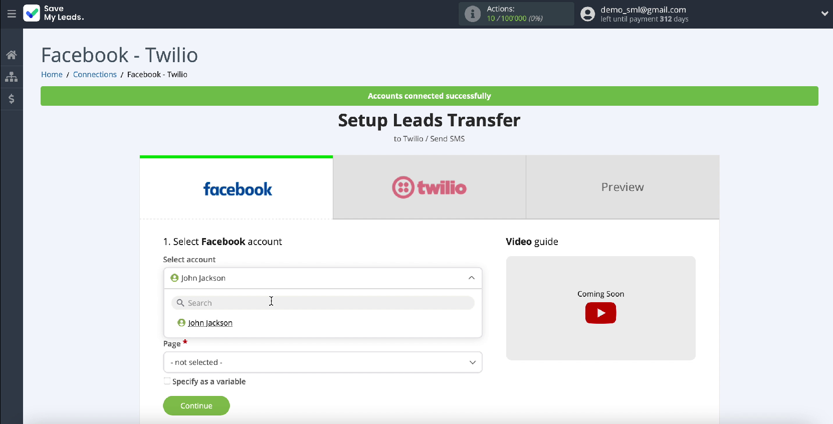 Facebook and Twilio integration | Choose your account