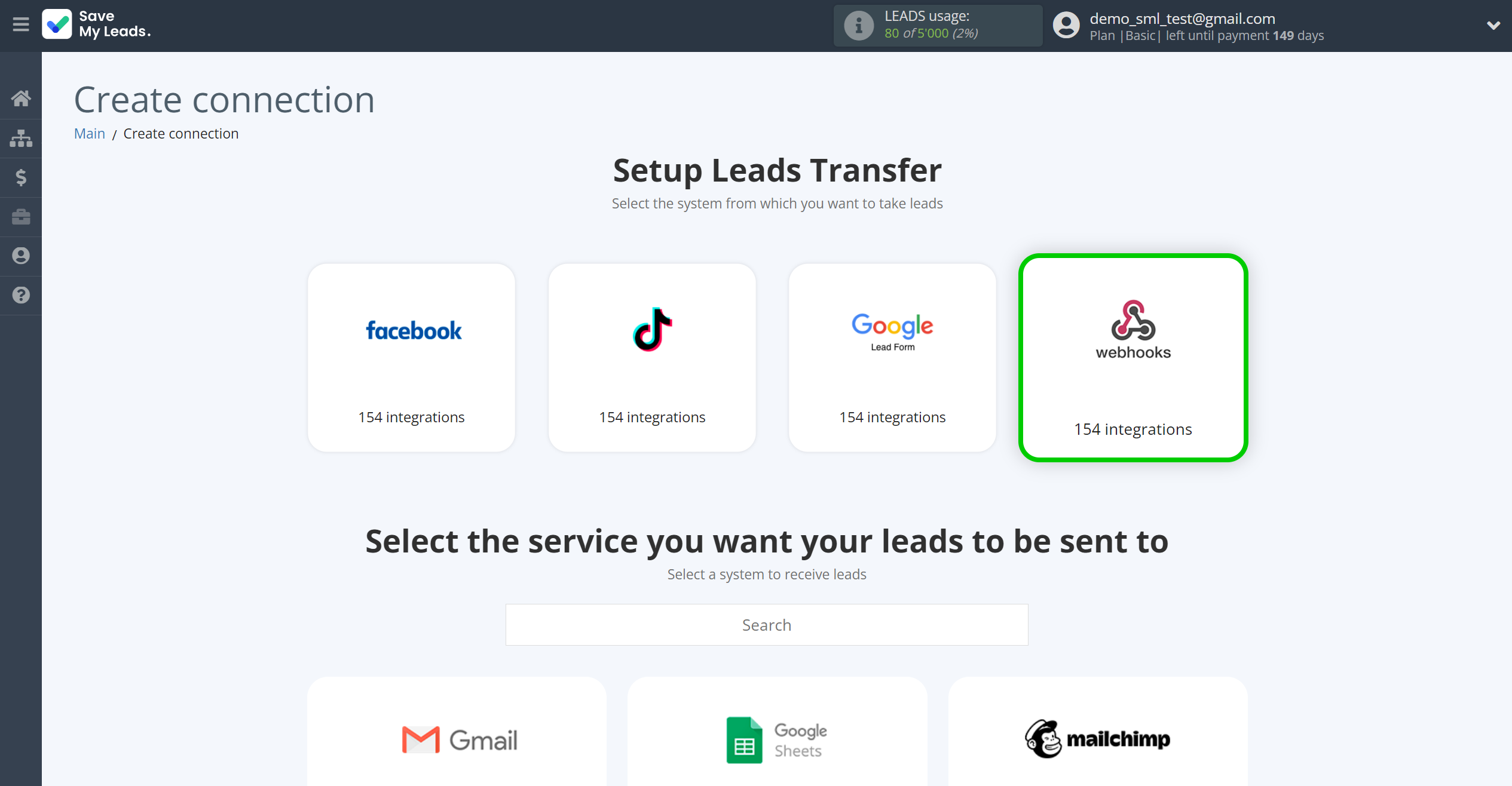 How to Connect Webhooks with Gmail | Data Source system selection