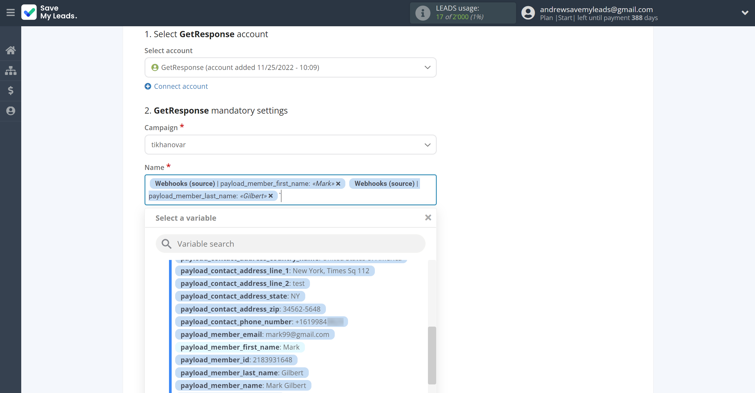 How to Connect Webhooks with GetResponse | Assigning fields