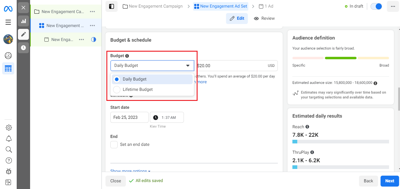 Set up an advertising campaign in Facebook Ads Manager | Budget