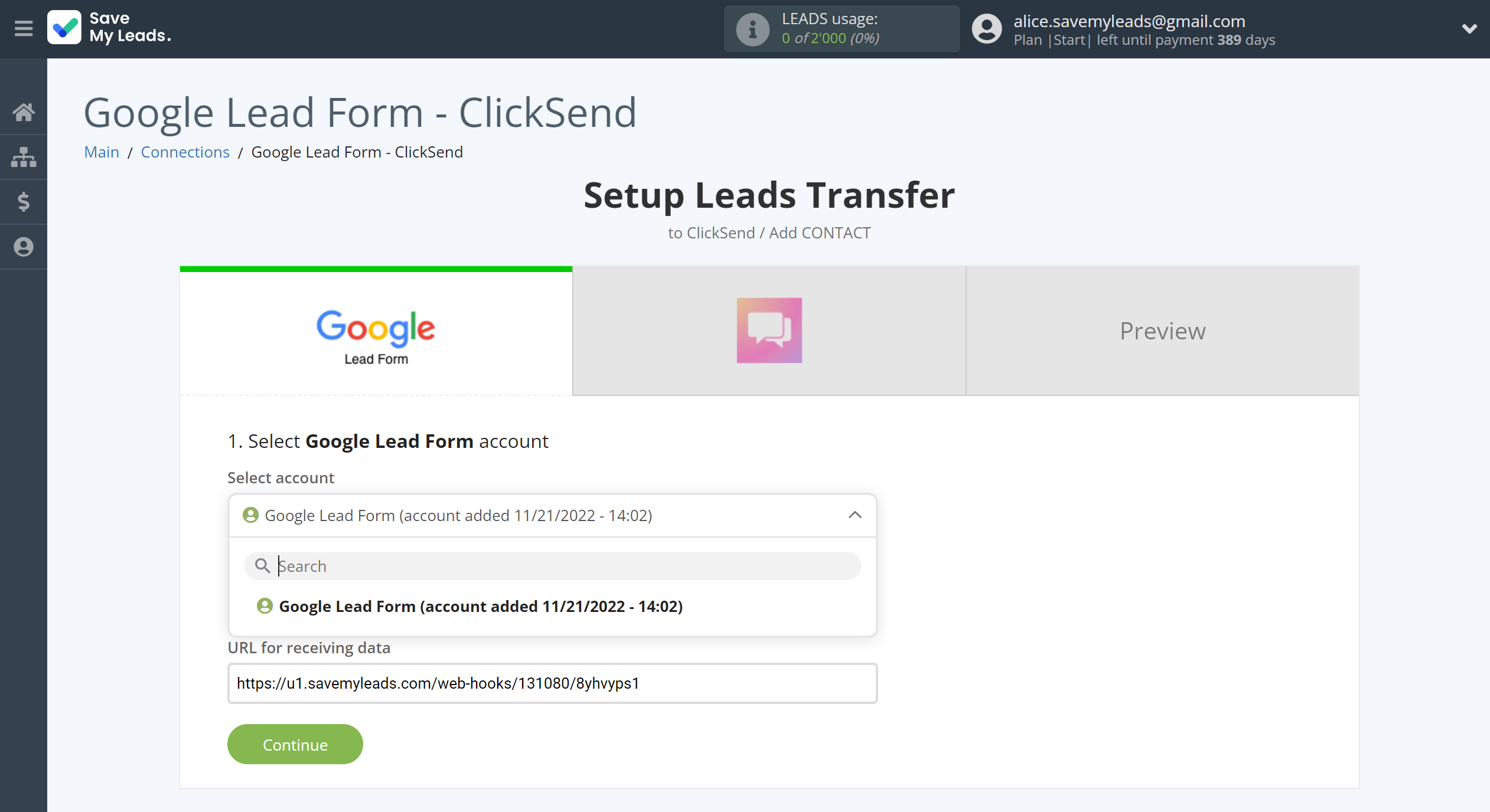 How to Connect Google Lead Form with ClickSend Add Contacts | Data Source account selection