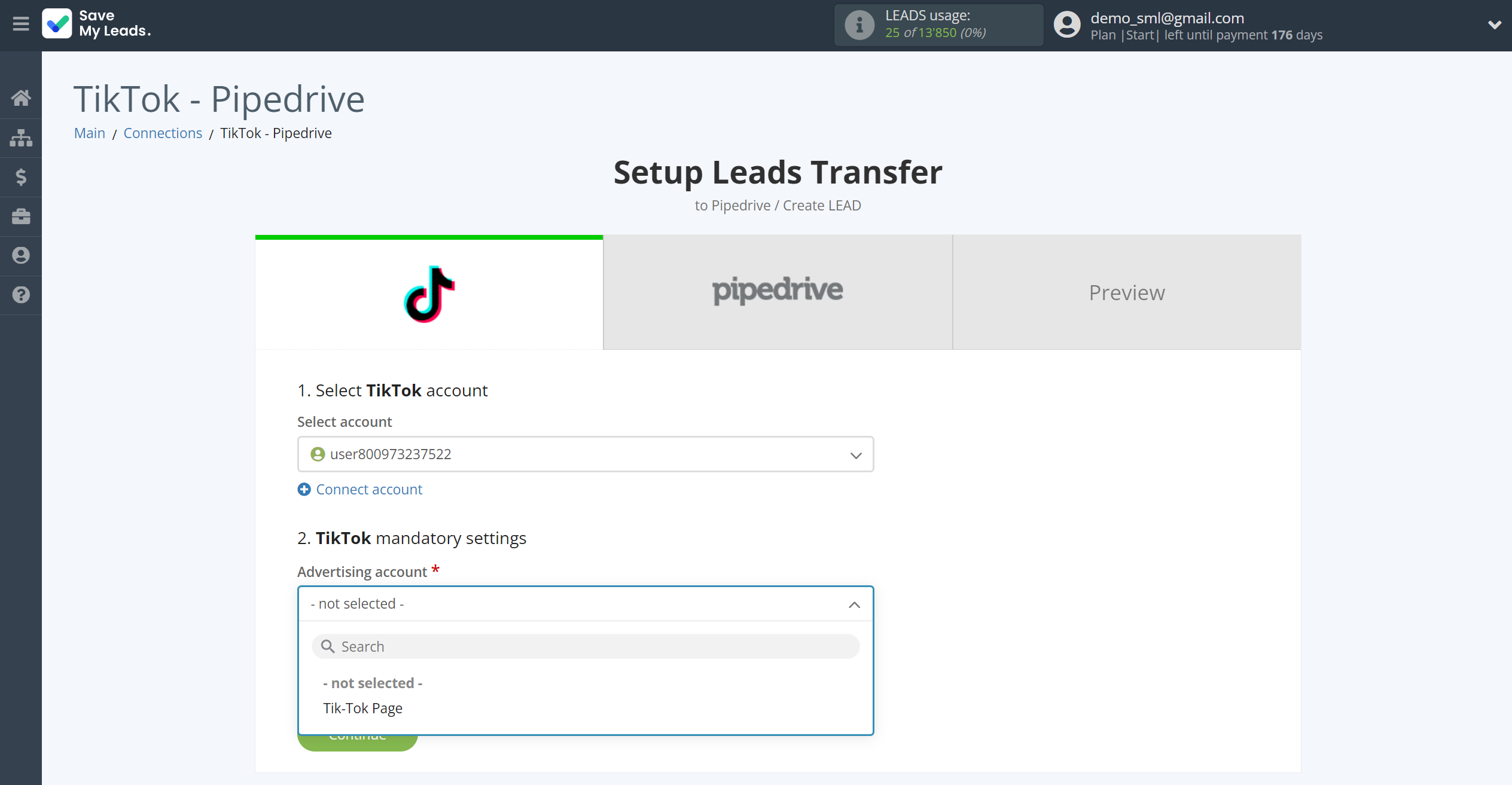 How to Connect TikTok with Pipedrive Create Lead | Data Source account connection