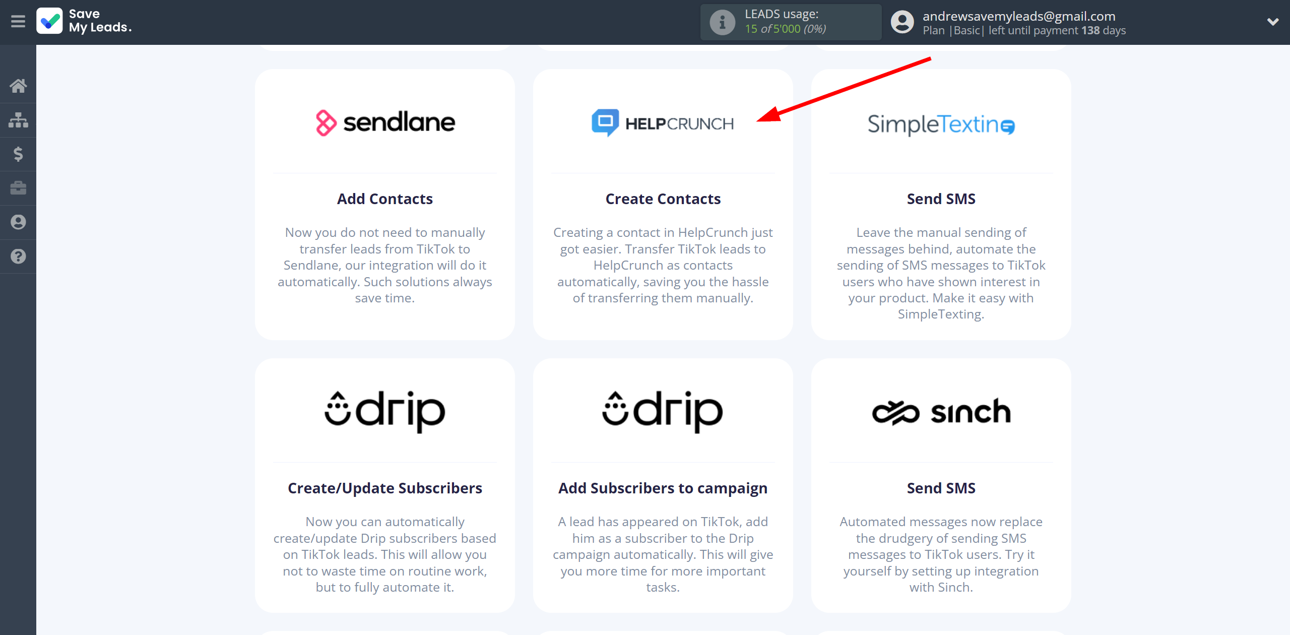 How to Connect TikTok with HelpCrunch Create Contacts | Data Destination system selection