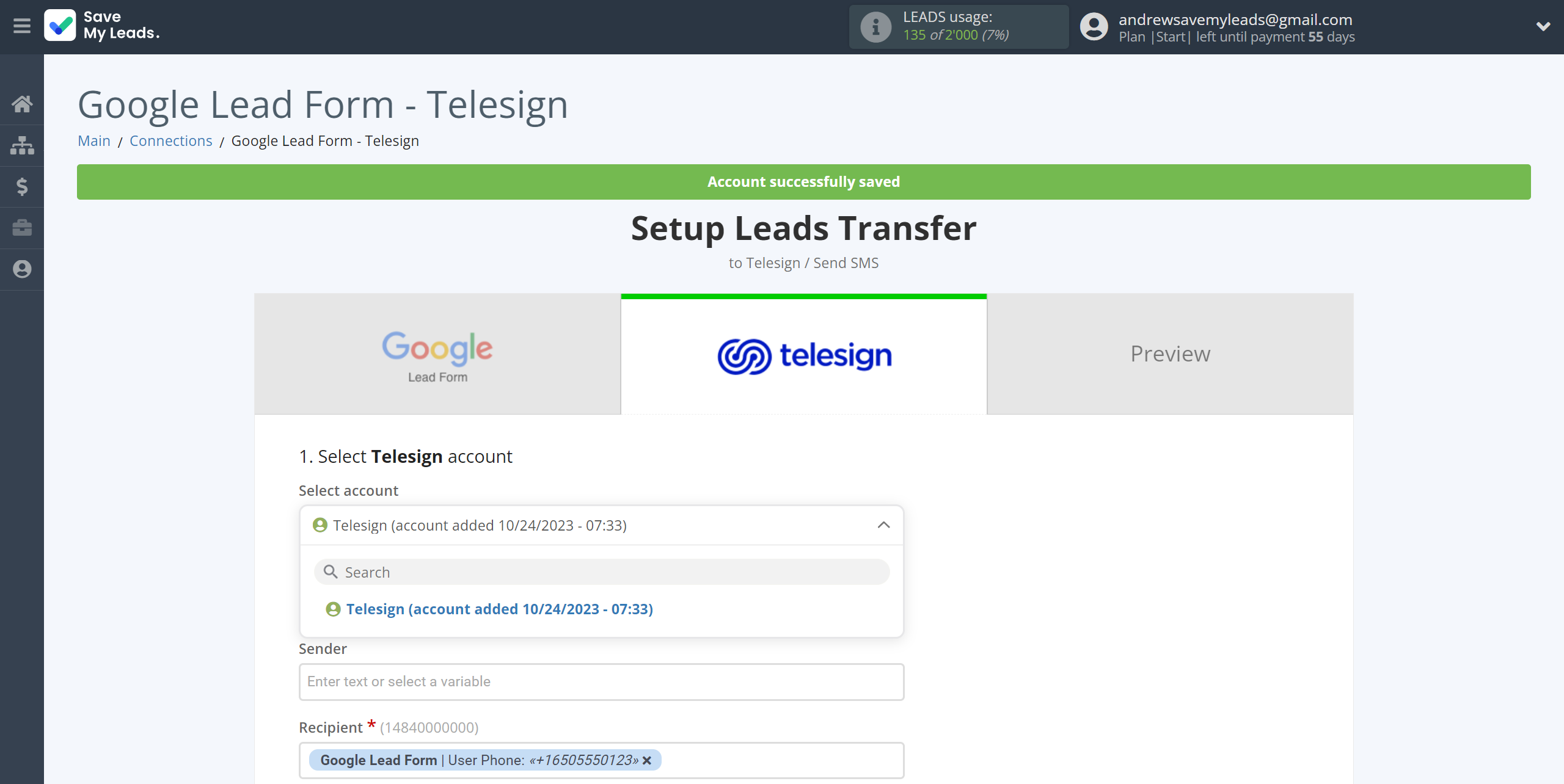 How to Connect Google Lead Form with Telesign | Data Destination account selection