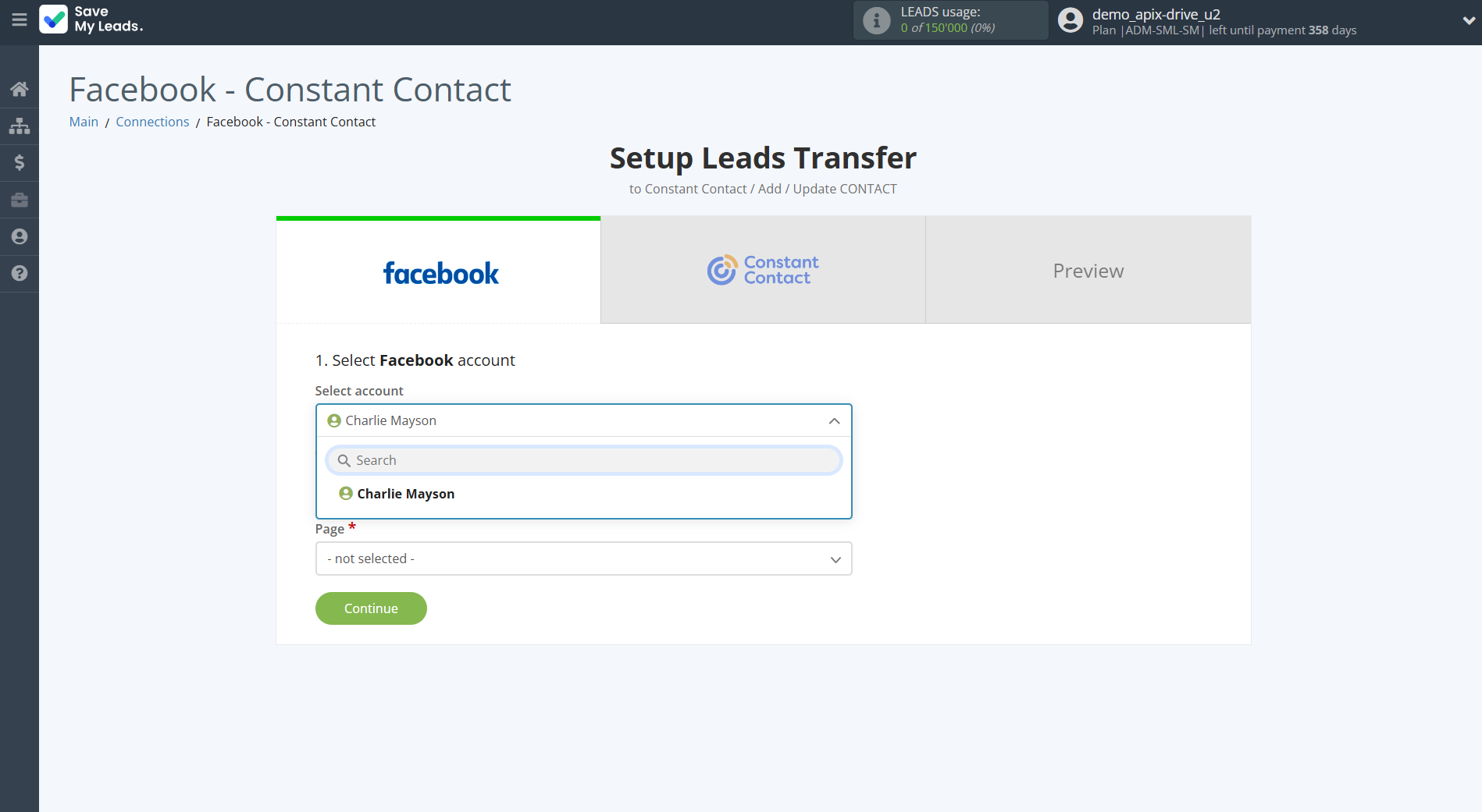 How to Connect Facebook with Constant Contact | Data Source account selection