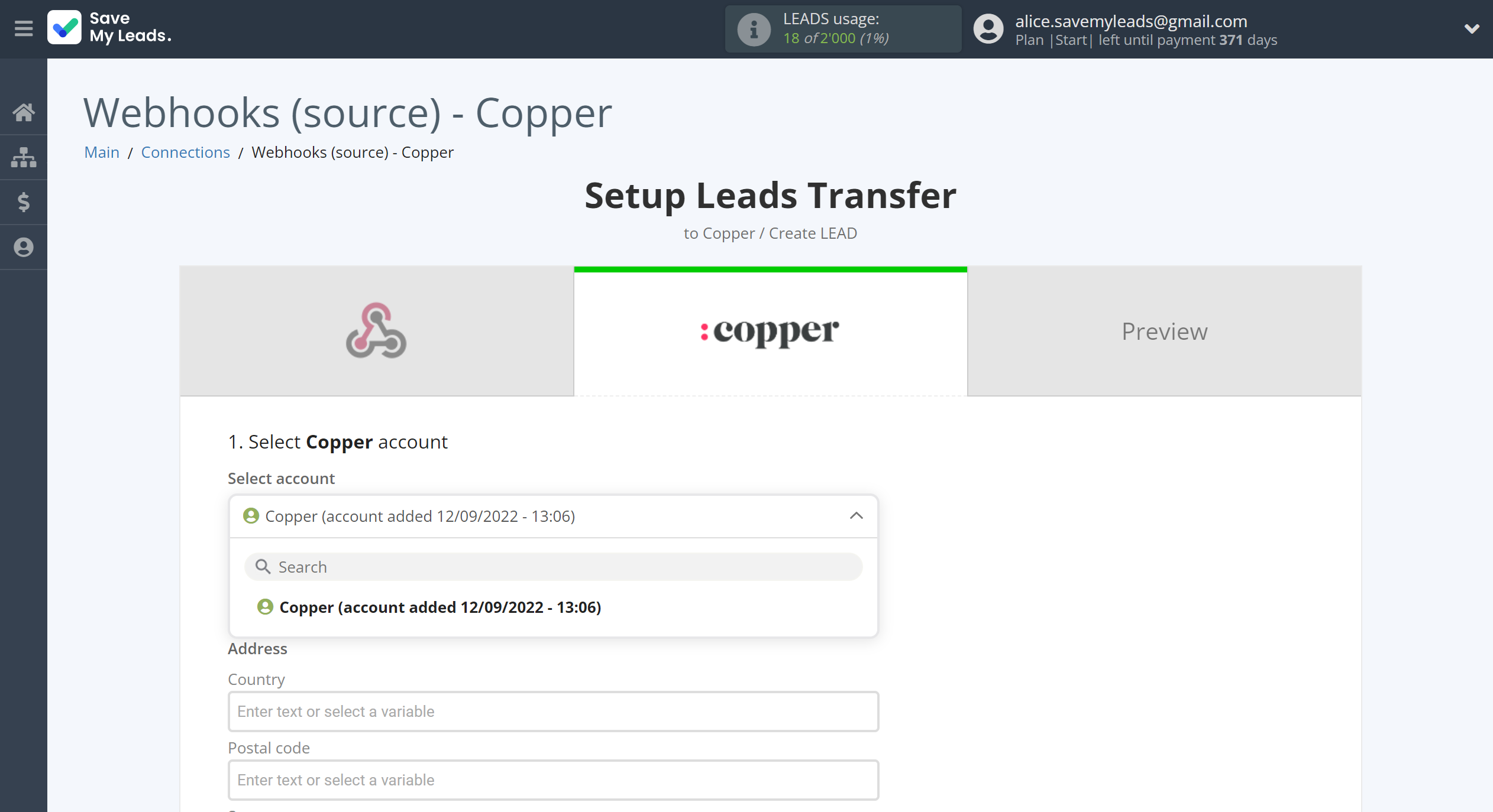 How to Connect Webhooks with Copper Create Lead | Data Destination account selection