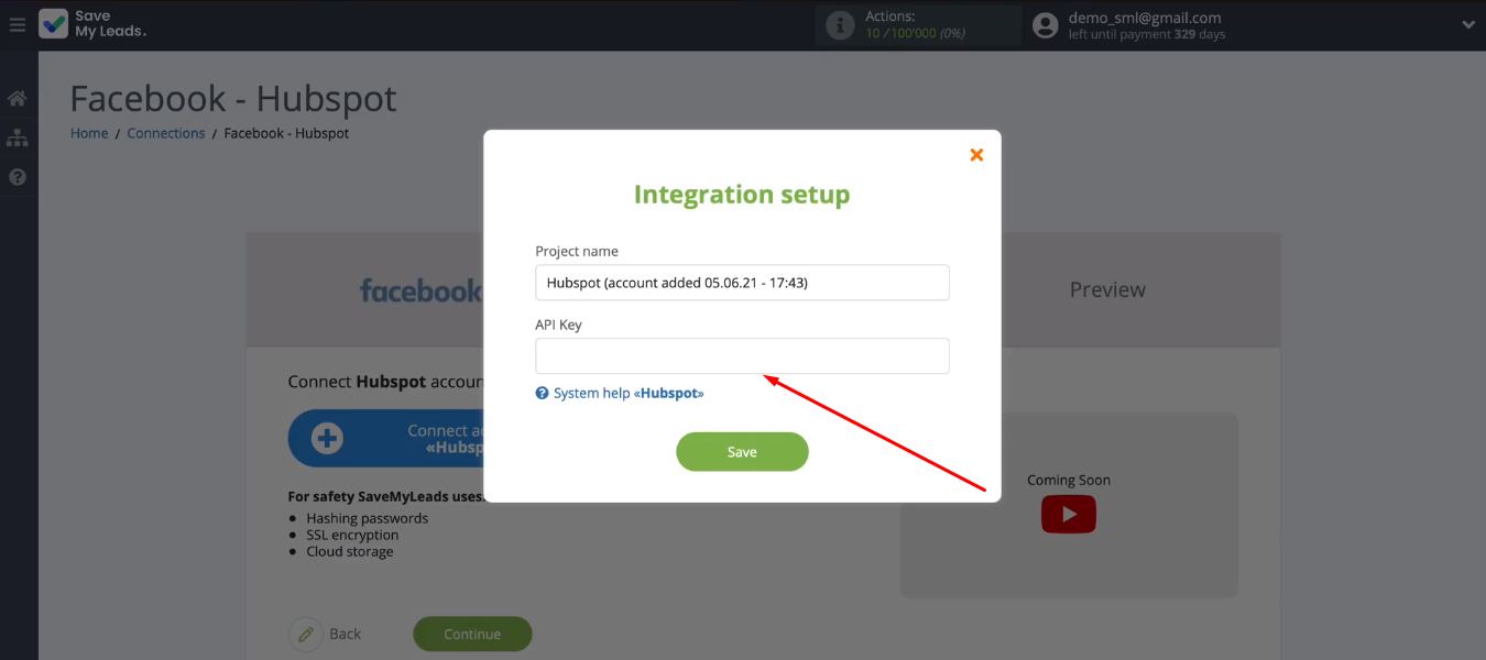 Facebook and Hubspot integration | You must specify an API Key