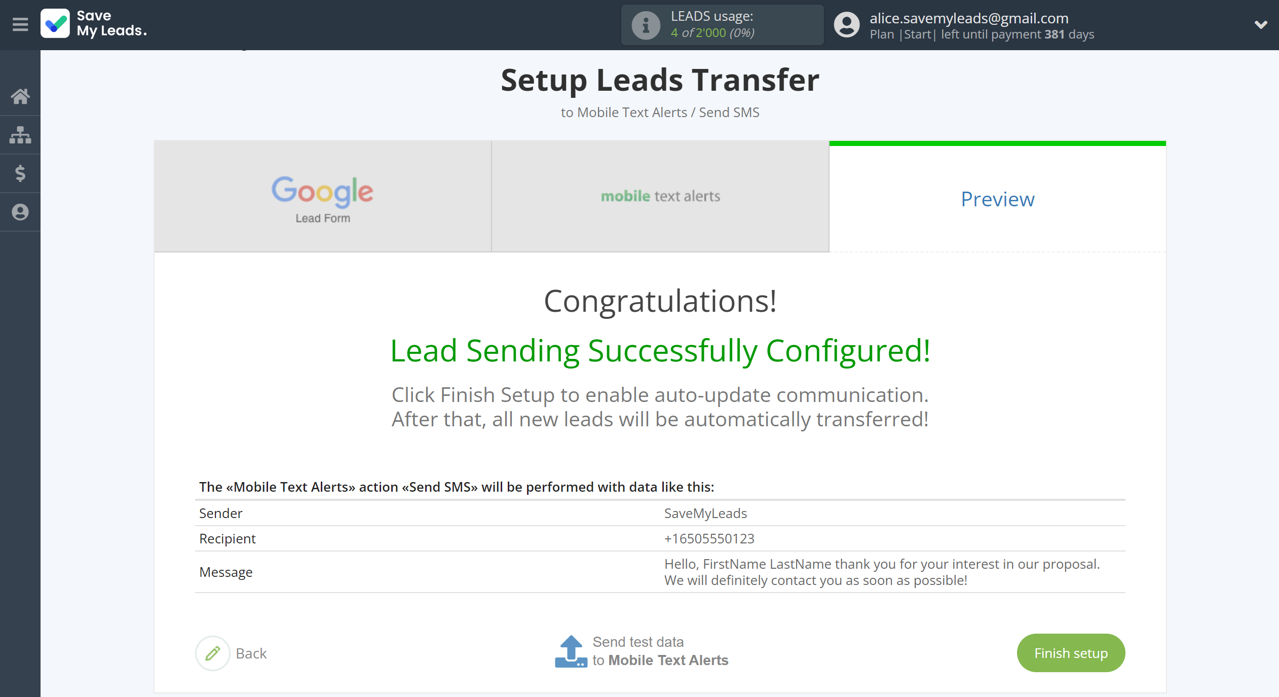 How to Connect Google Lead Form with Mobile Text Alerts | Test data