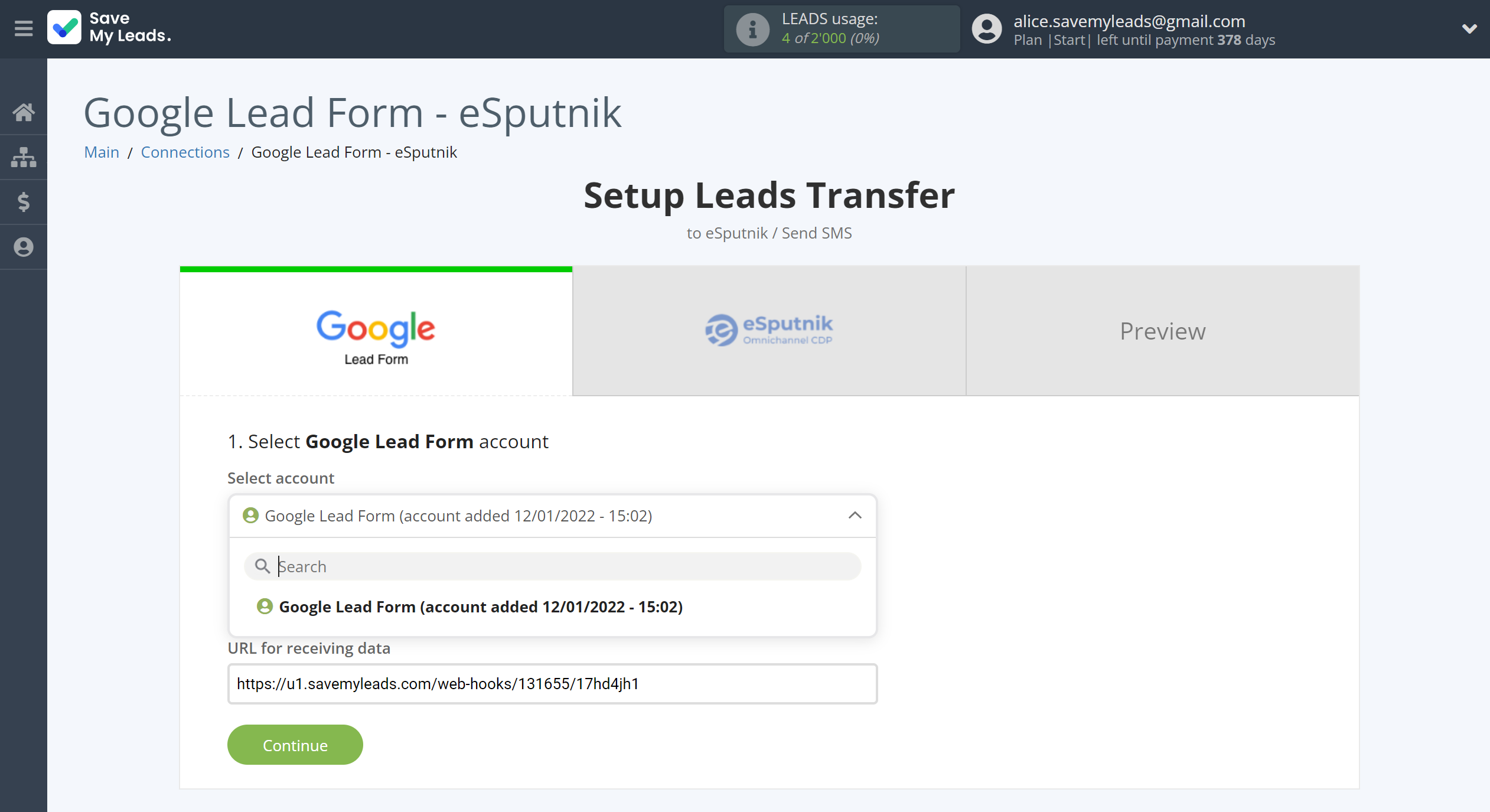 How to Connect Google Lead Form with eSputnik Send SMS | Data Source account selection