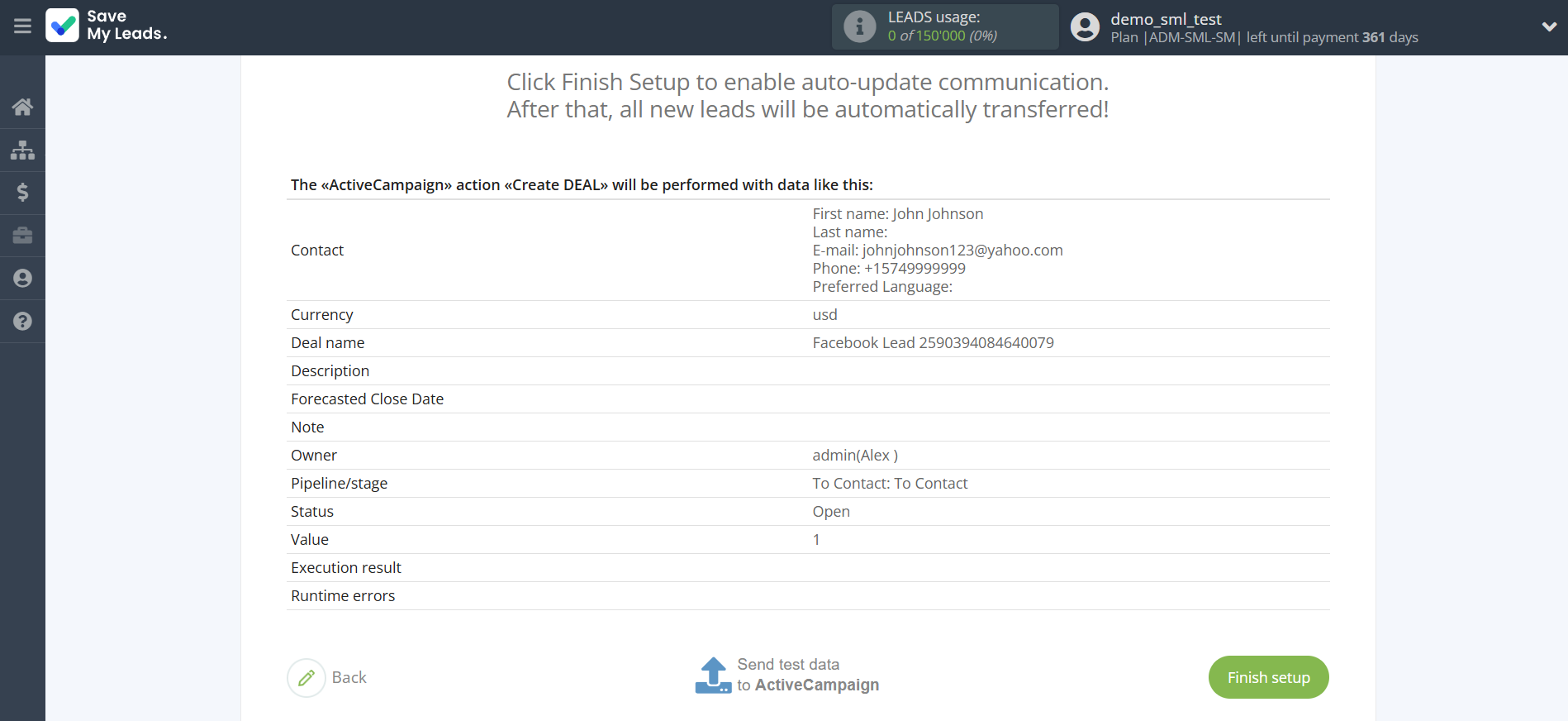 How to Connect Facebook with ActiveCampaign Create Deal | Test data