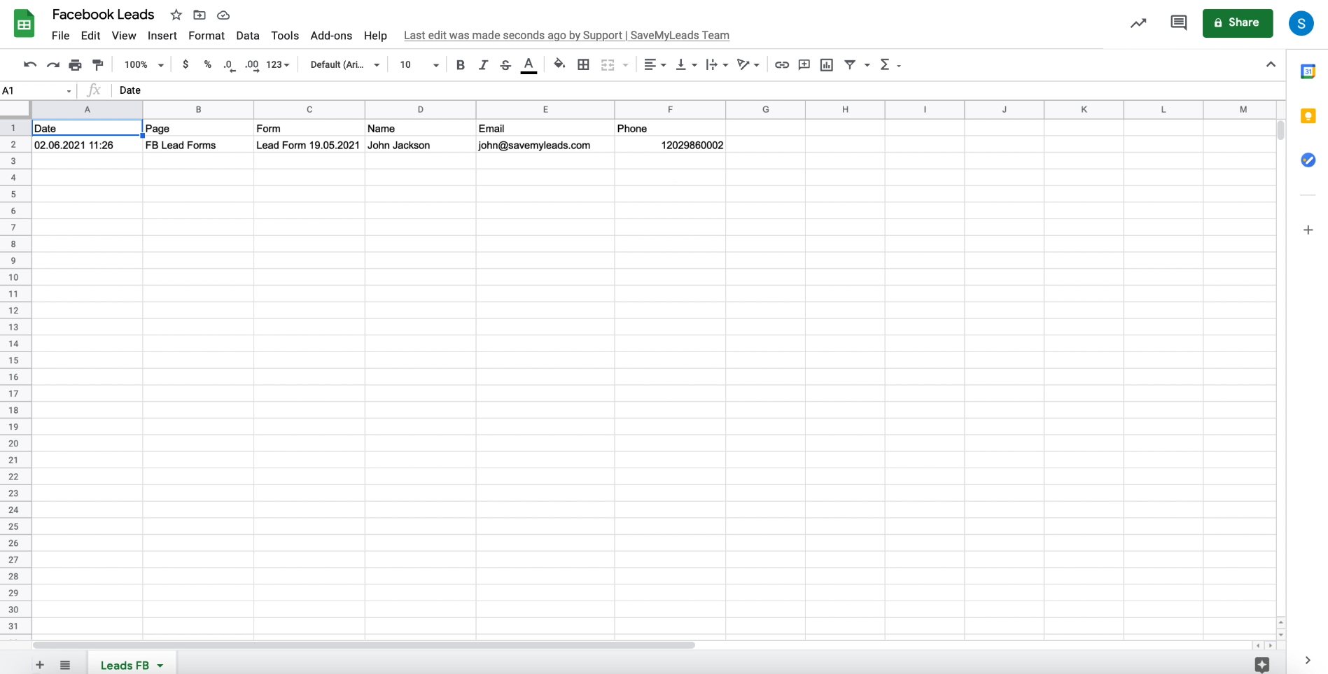How to set up the upload of new leads from your Facebook ad account to Google Sheets | Example of lead data in Google Sheets