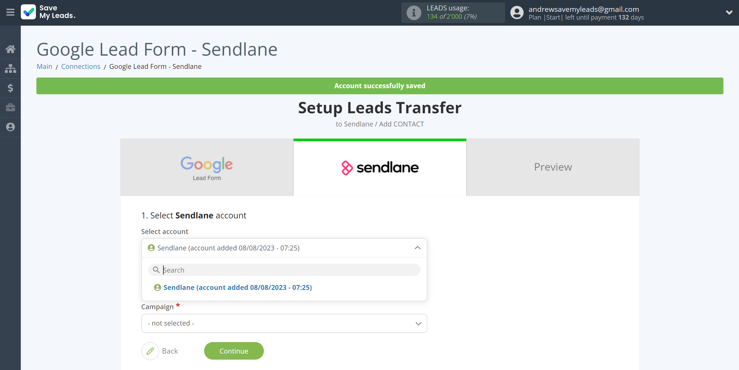 How to Connect Google Lead Form with Sendlane Add Contacts | Data Destination account selection
