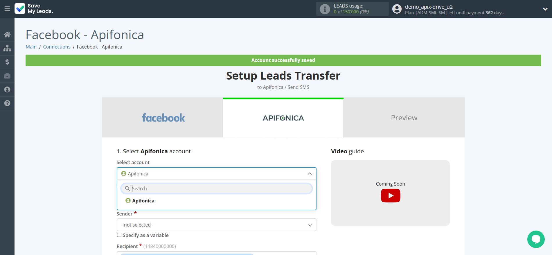 How to Connect Facebook with Apifonica | Data Destination account selection