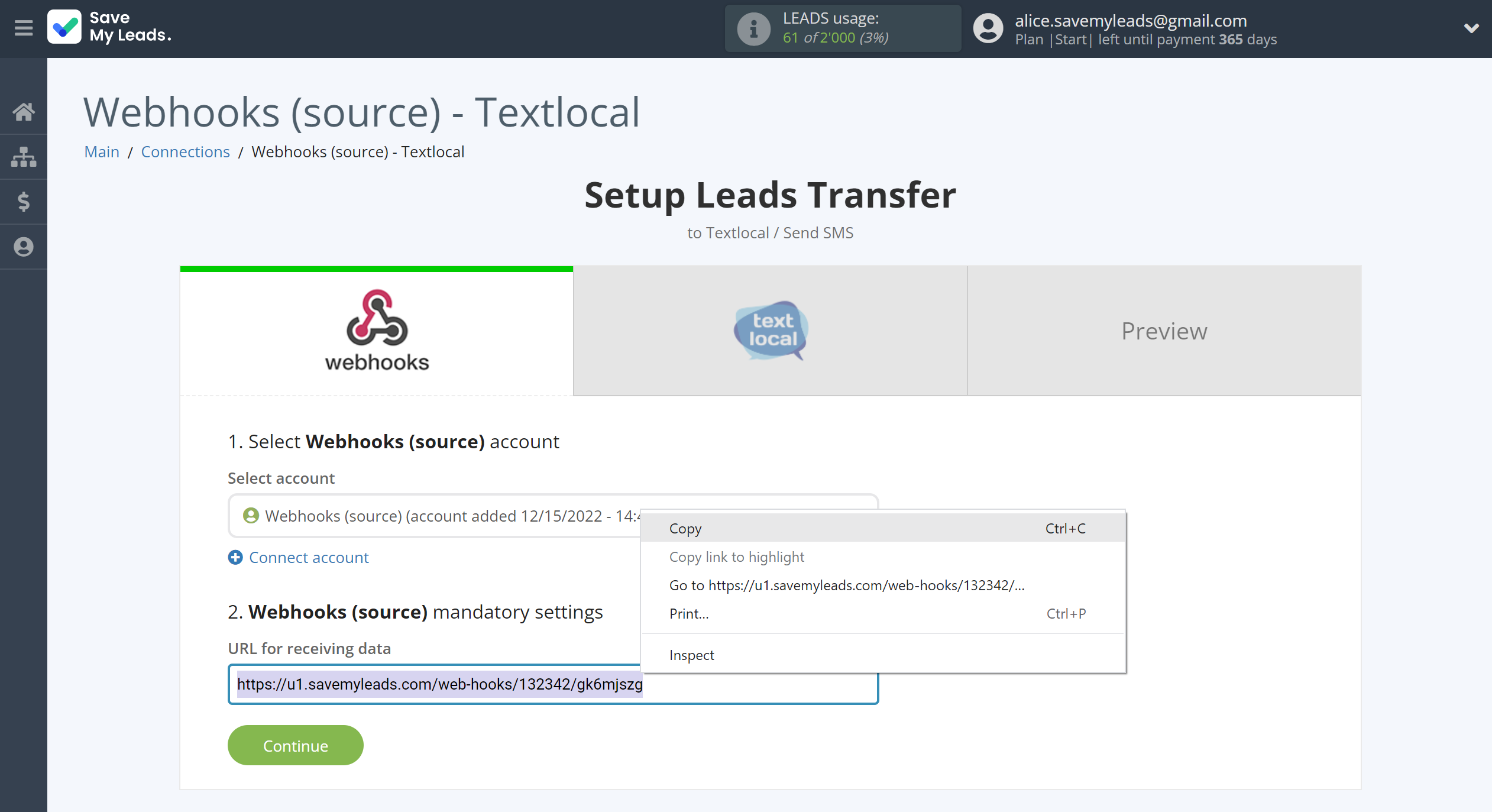 How to Connect Webhooks with Textlocal | Data Source account connection