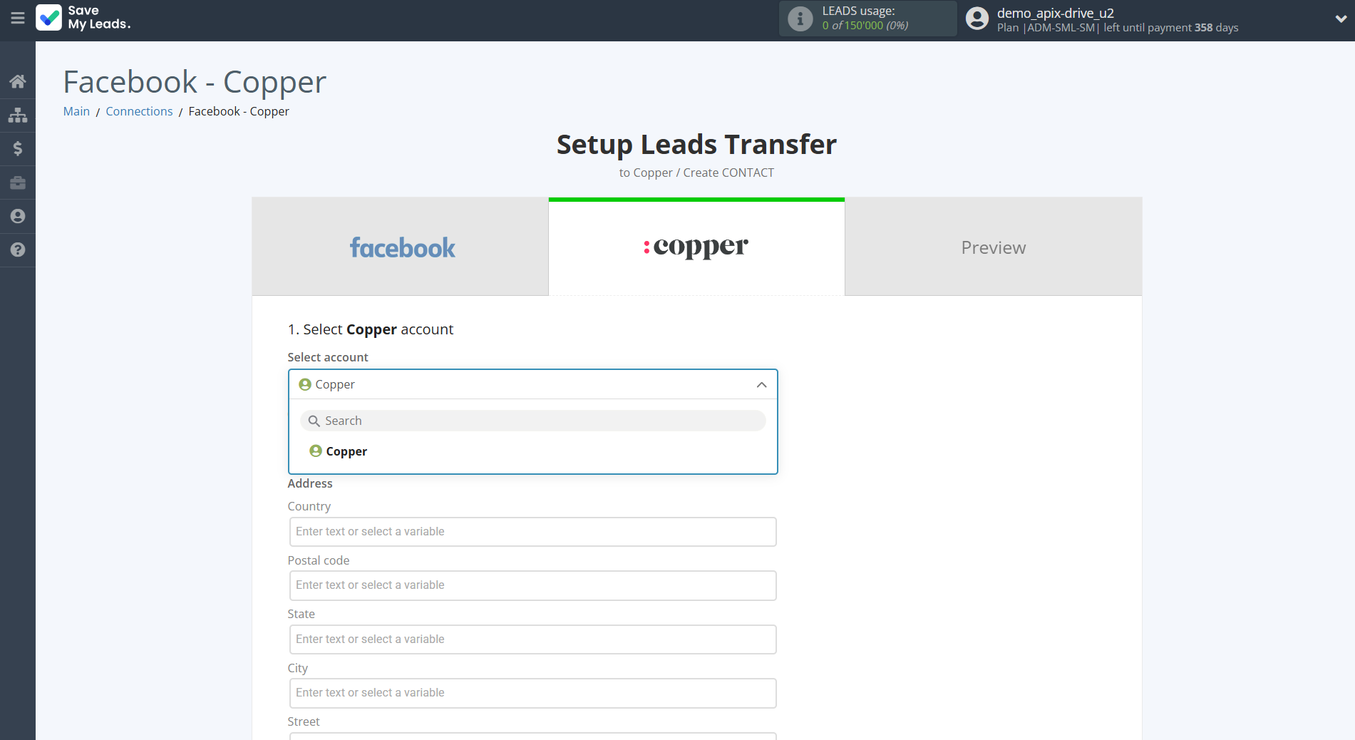 How to Connect Facebook with Copper Create Contacts | Data Destination account selection