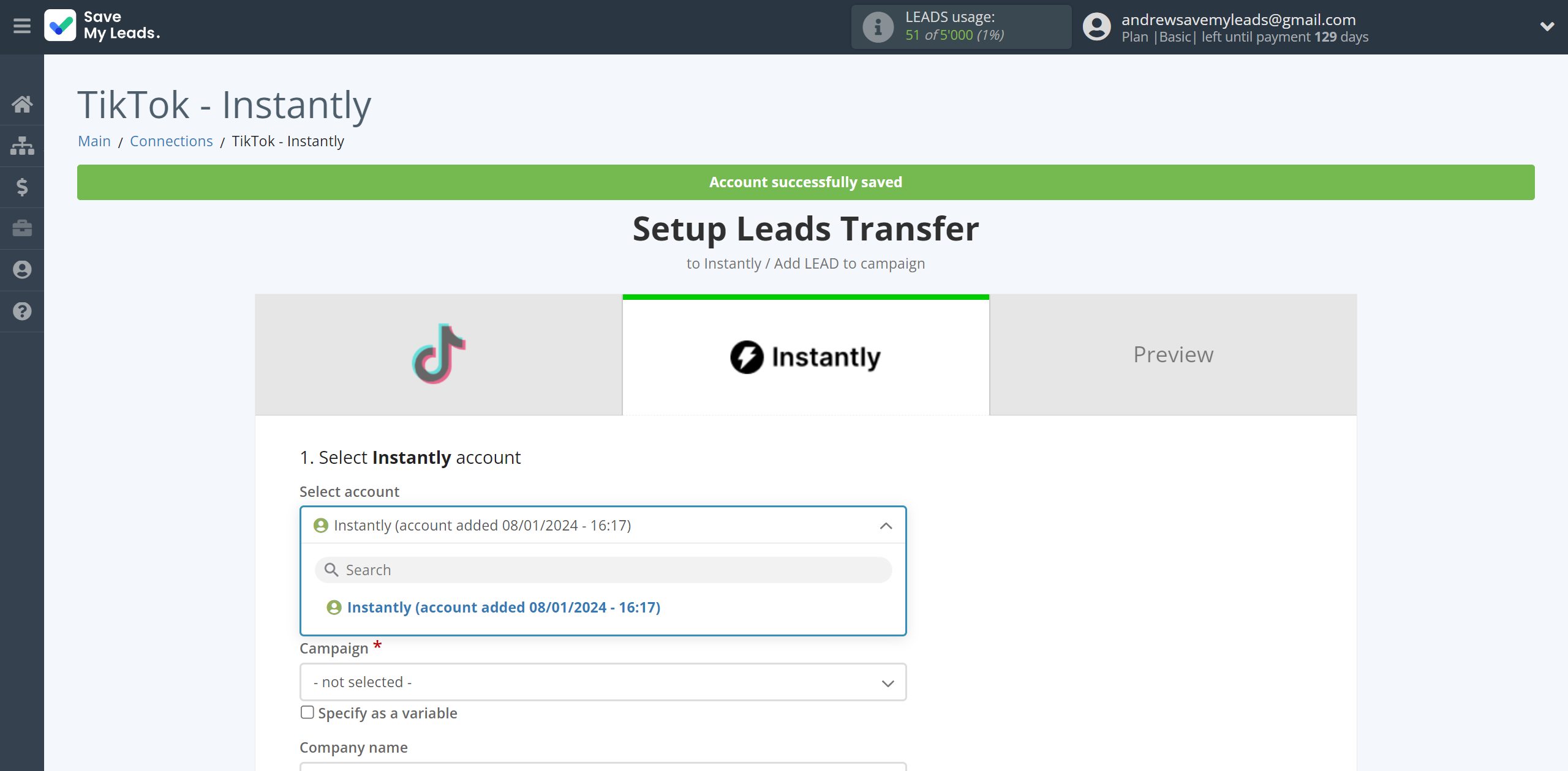 How to Connect TikTok with Instantly Add lead to campaign | Data Destination account selection