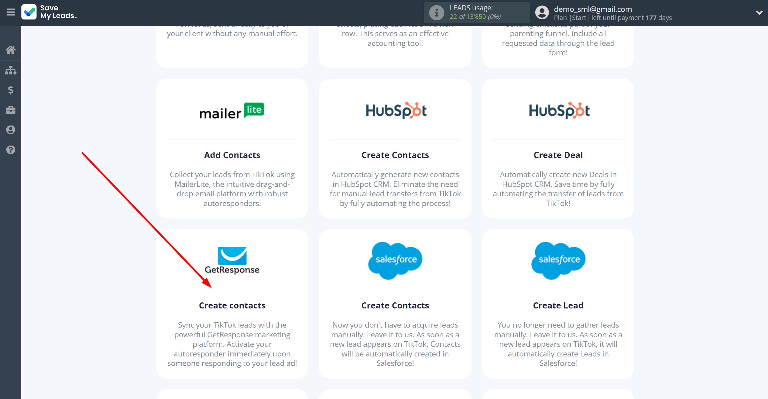 How to Connect TikTok with GetResponse | Data Destination system selection