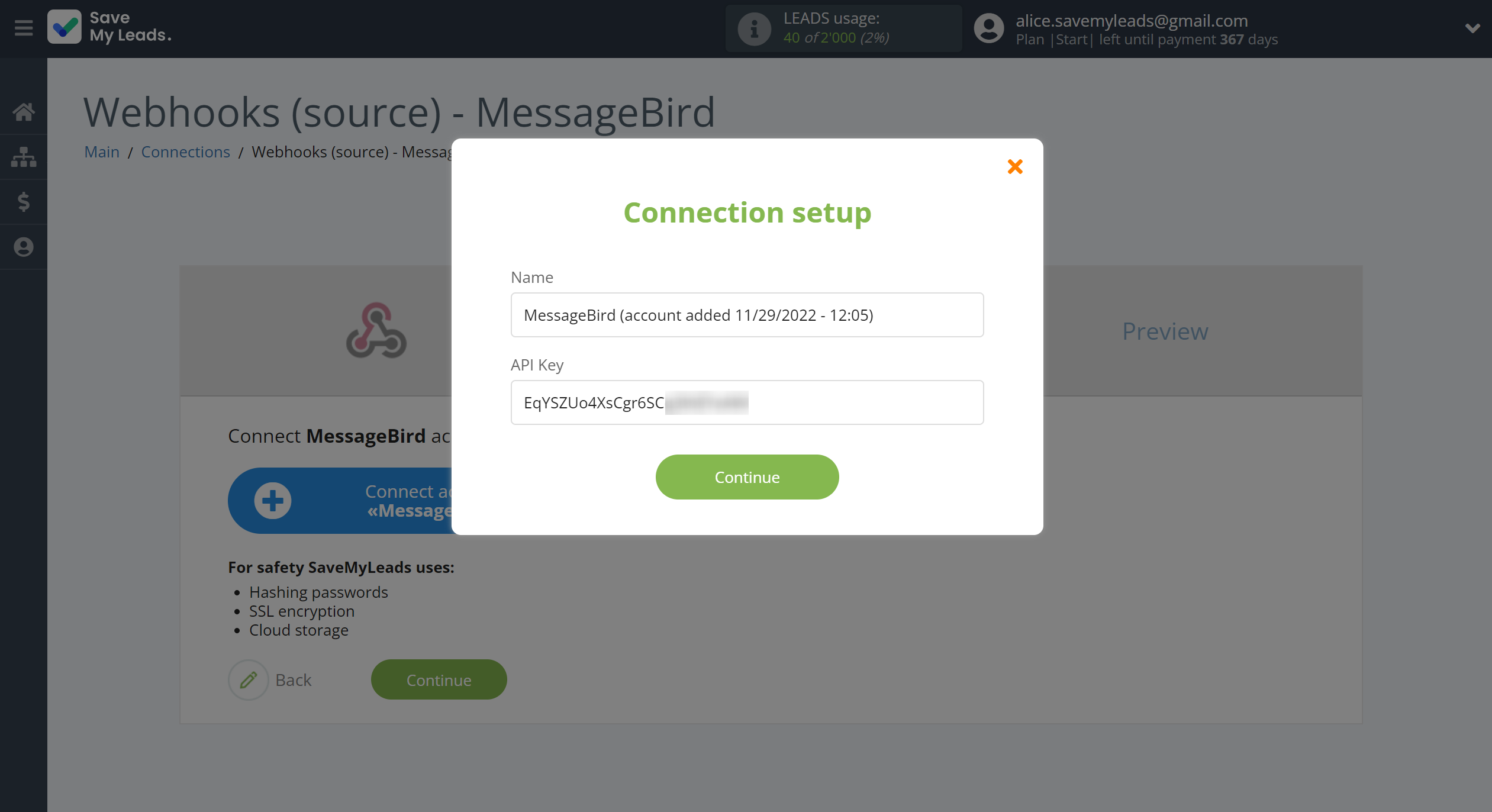 How to Connect Webhooks with MessageBird | Data Destination account connection