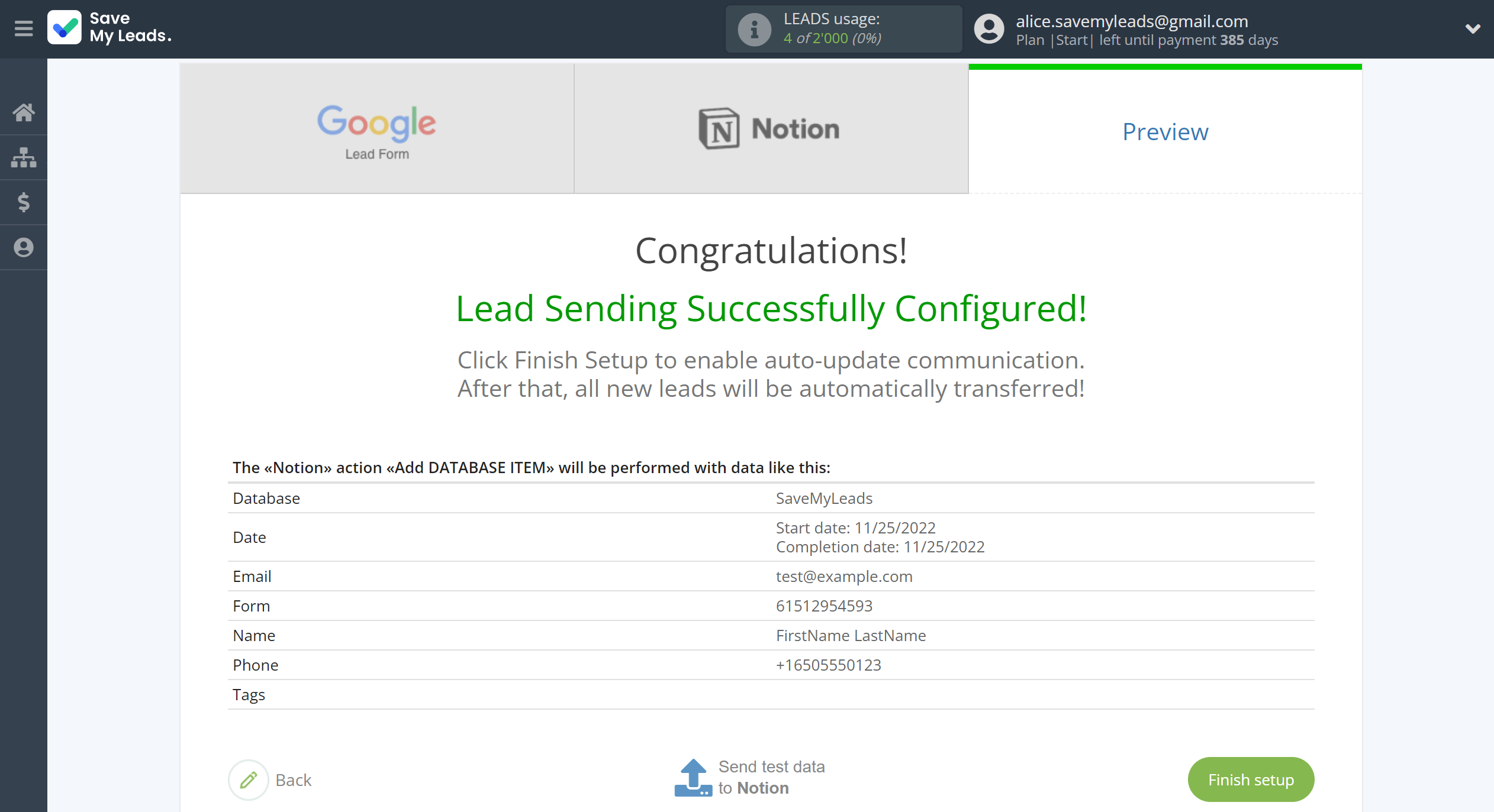 How to Connect Google Lead Form with Notion | Test data