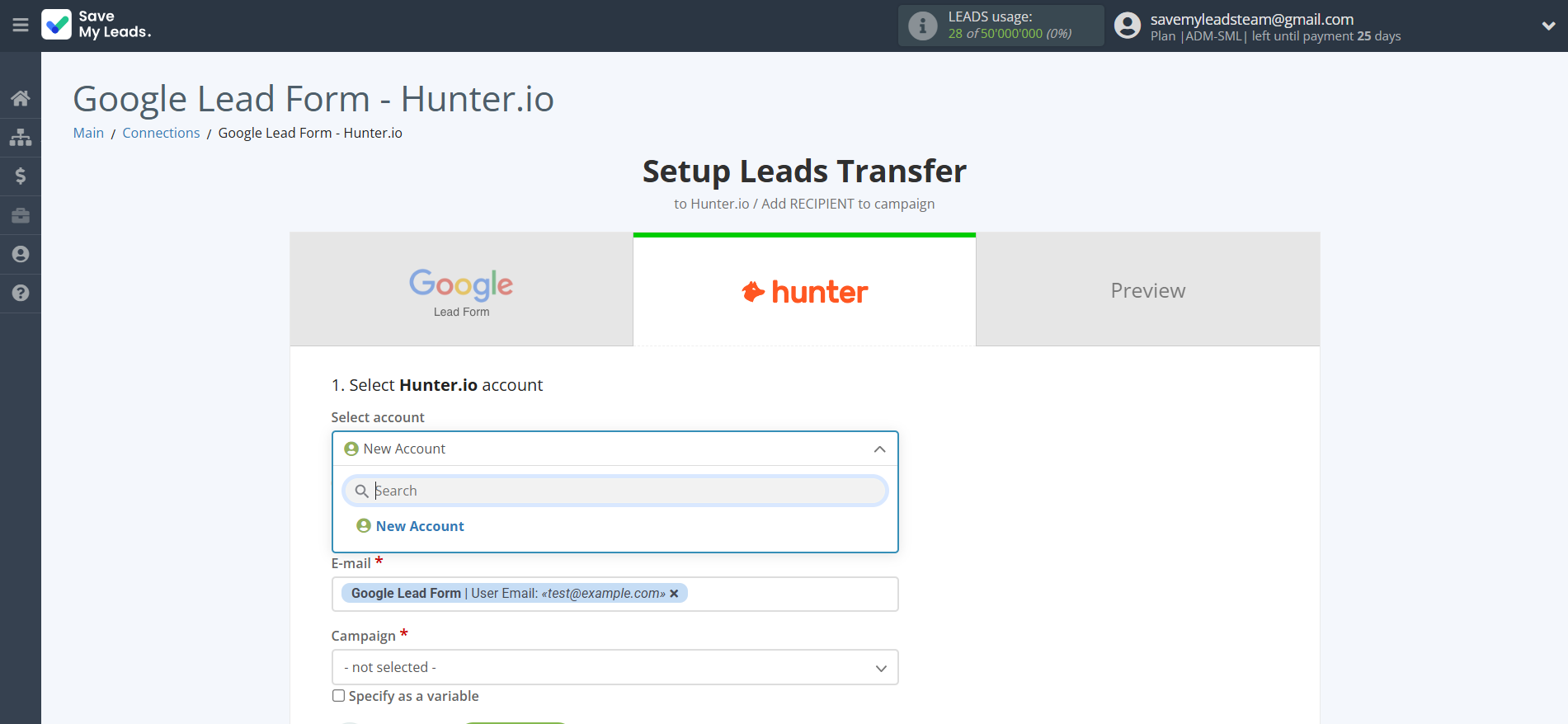 How to Connect Google Lead Form with Hunter.io Create Contact | Data Destination account selection