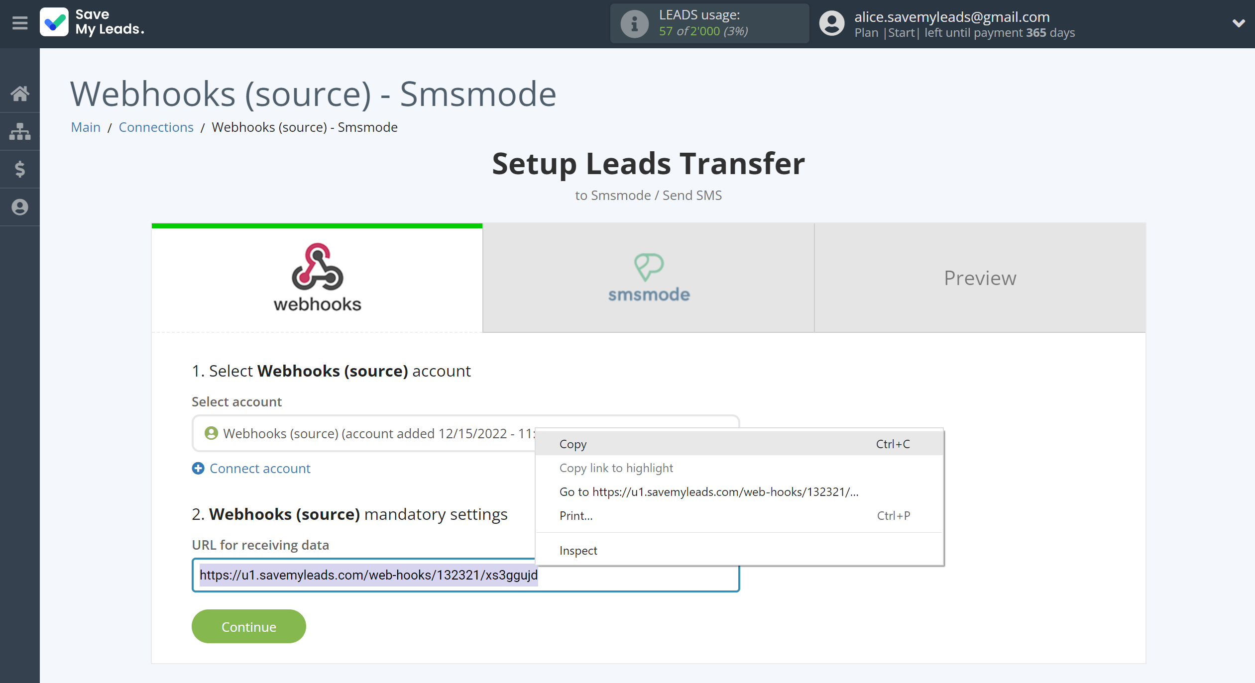 How to Connect Webhooks with Smsmode | Data Source account connection