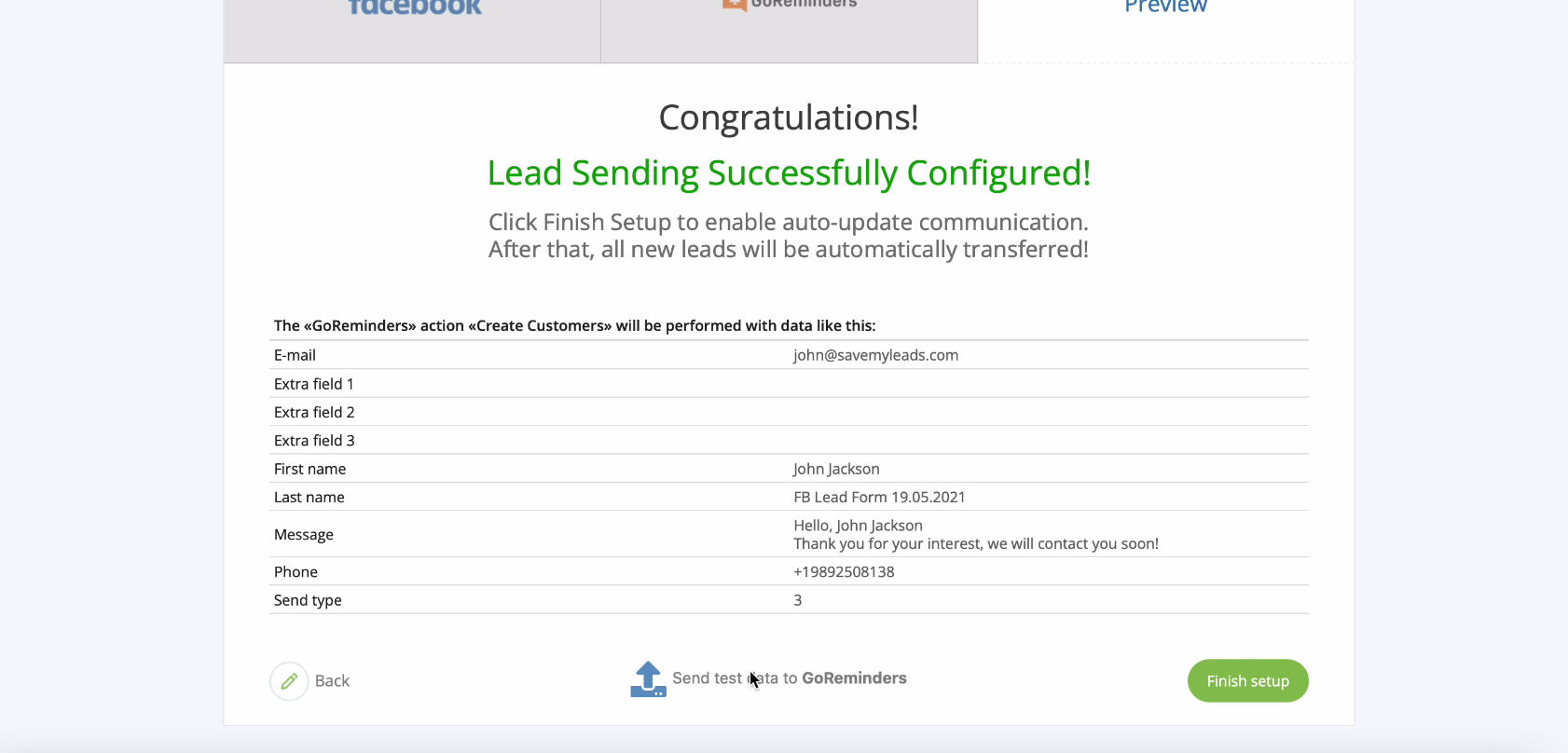Facebook and GoReminders integration | Send test data to the mailing service