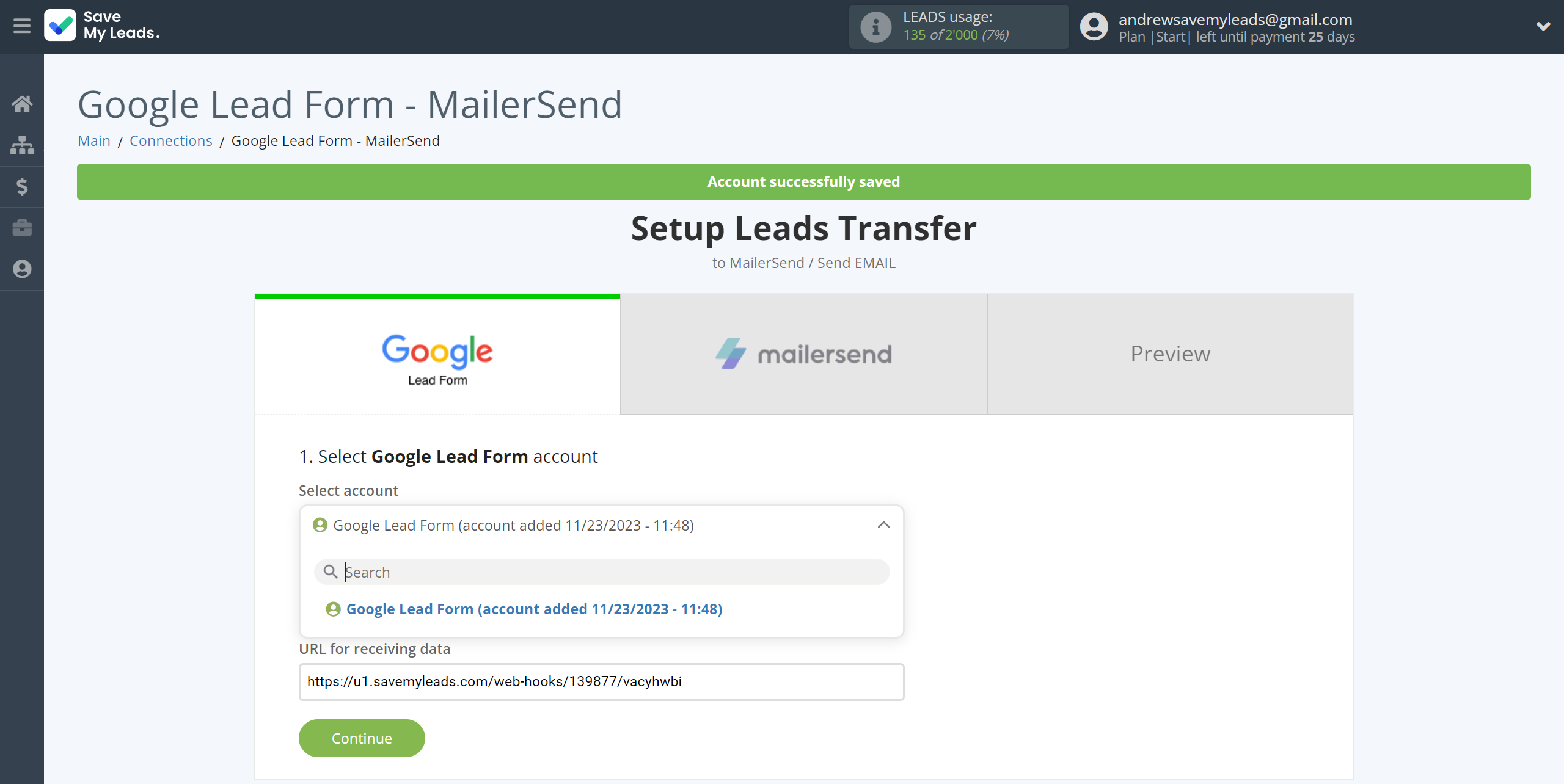 How to Connect Google Lead Form with MailerSend Send Email | Data Source account selection