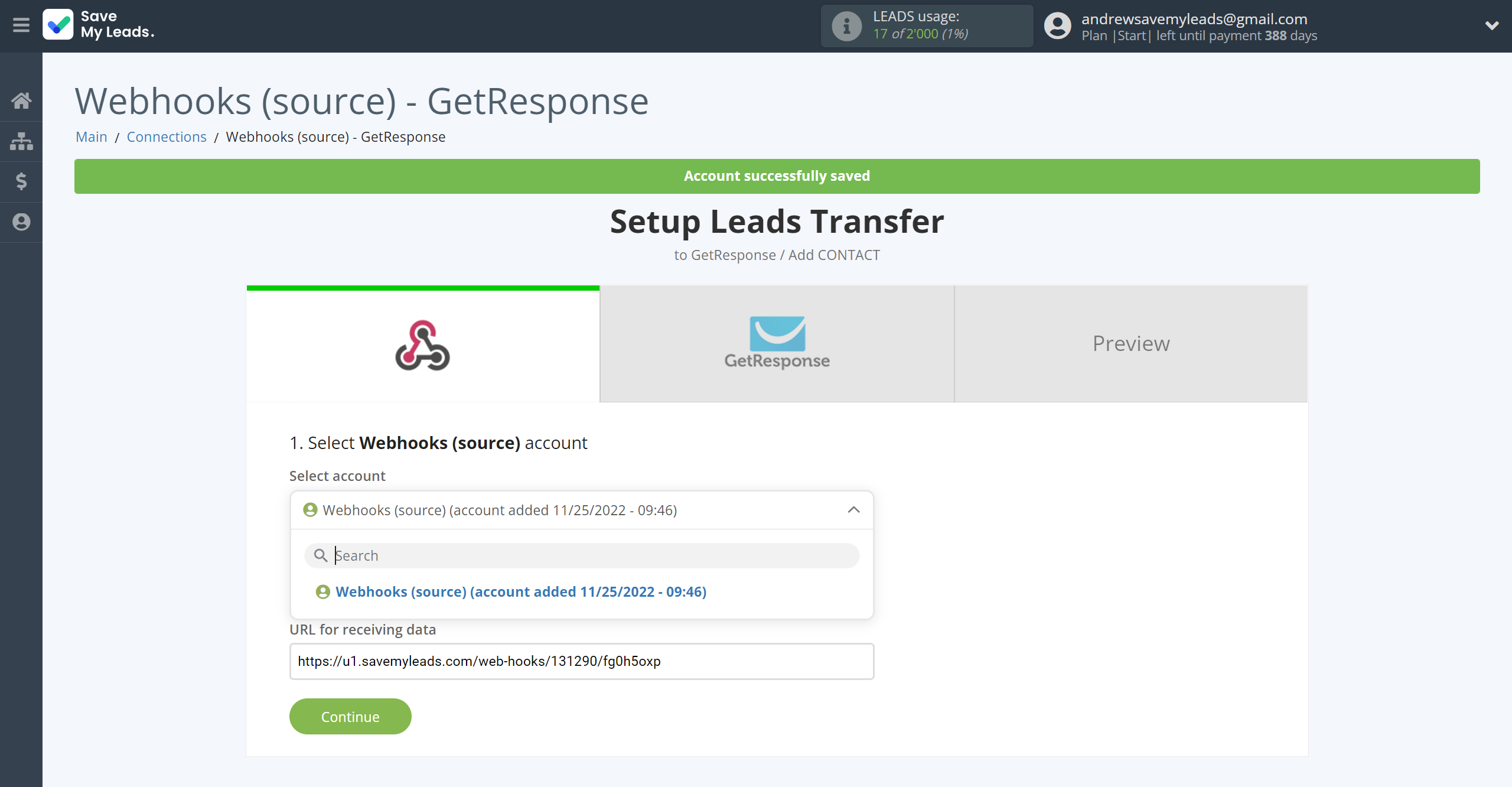 How to Connect Webhooks with GetResponse | Data Source account selection