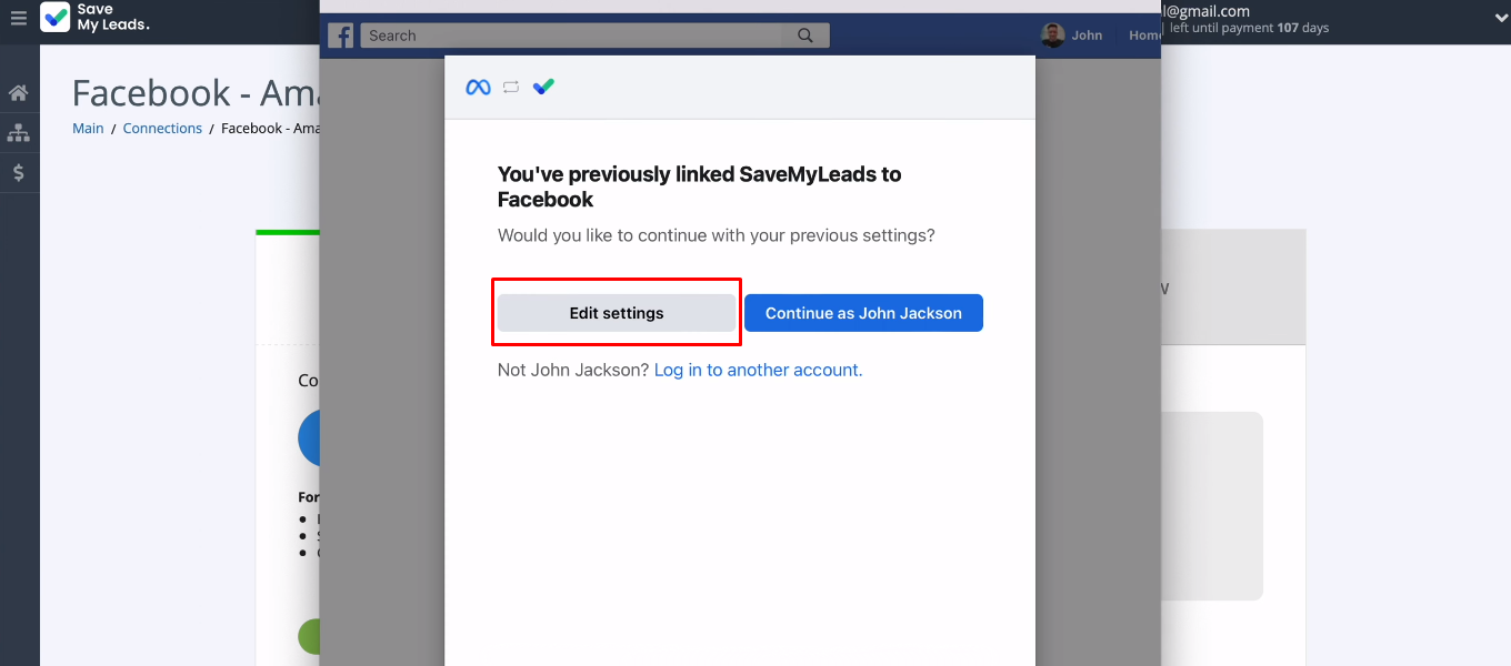 Facebook and Amazon SES integration | Click "Edit settings"